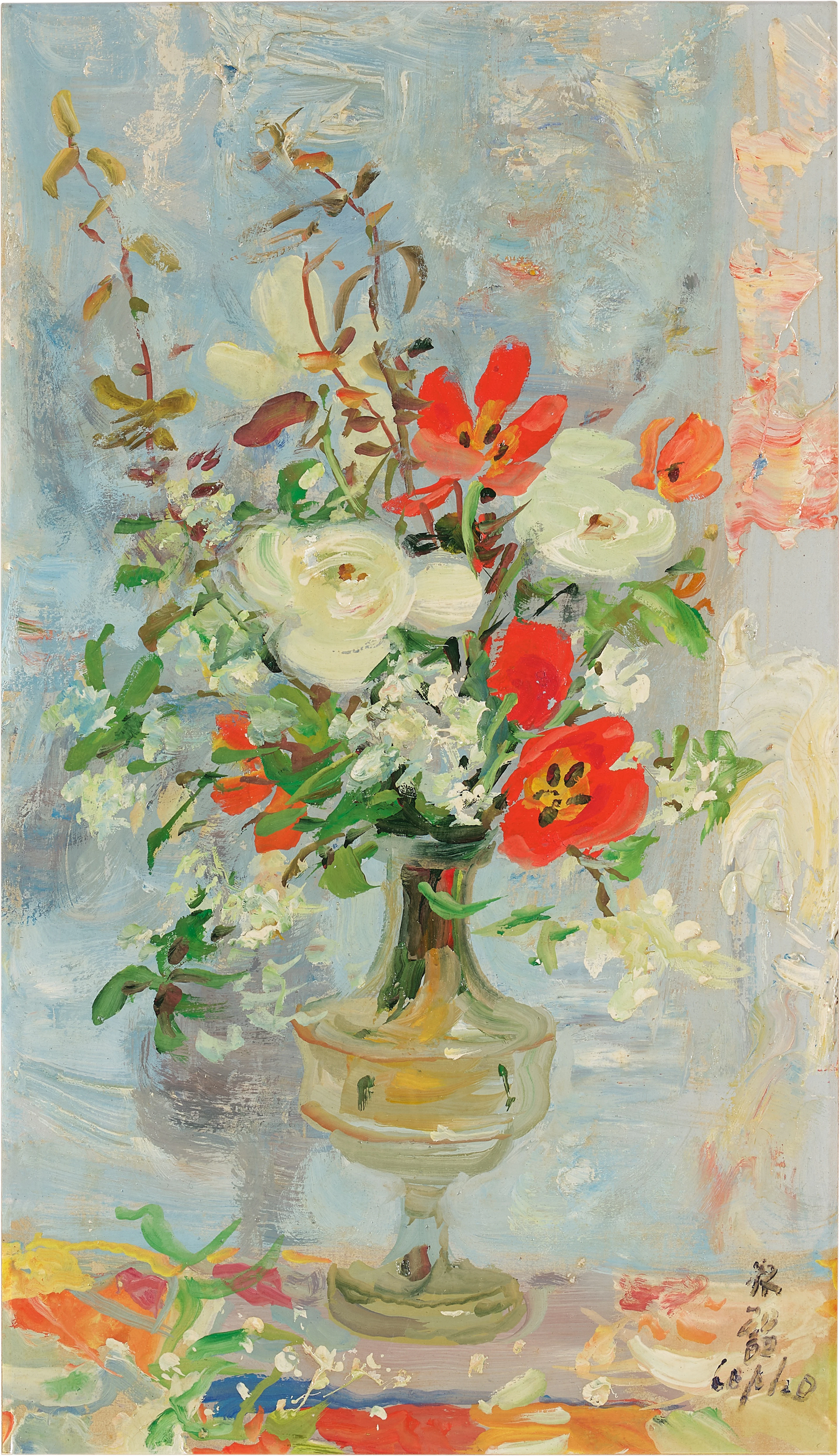 Roses blanches et coquelicots