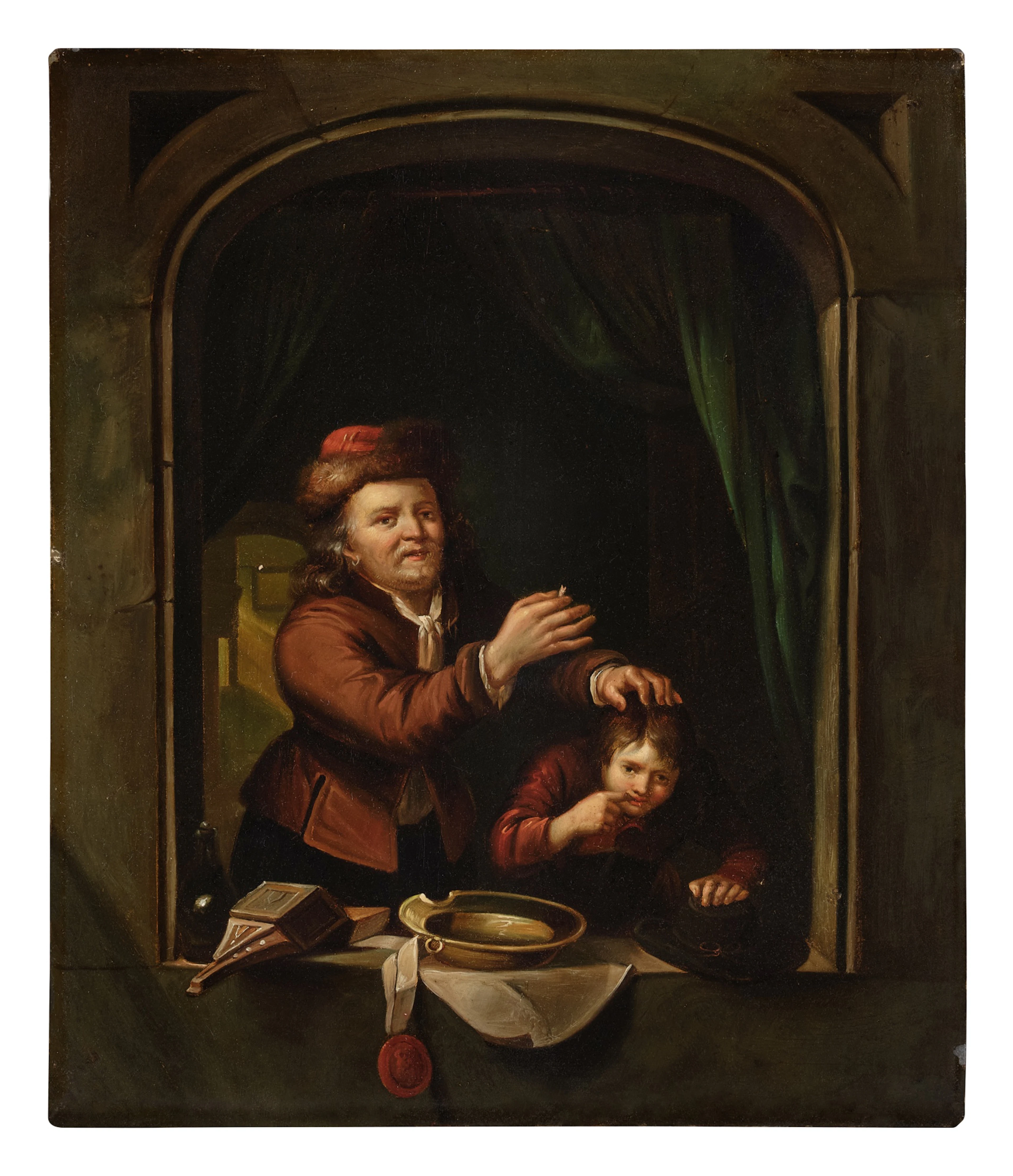 Dentist and his patient behind a window ledge