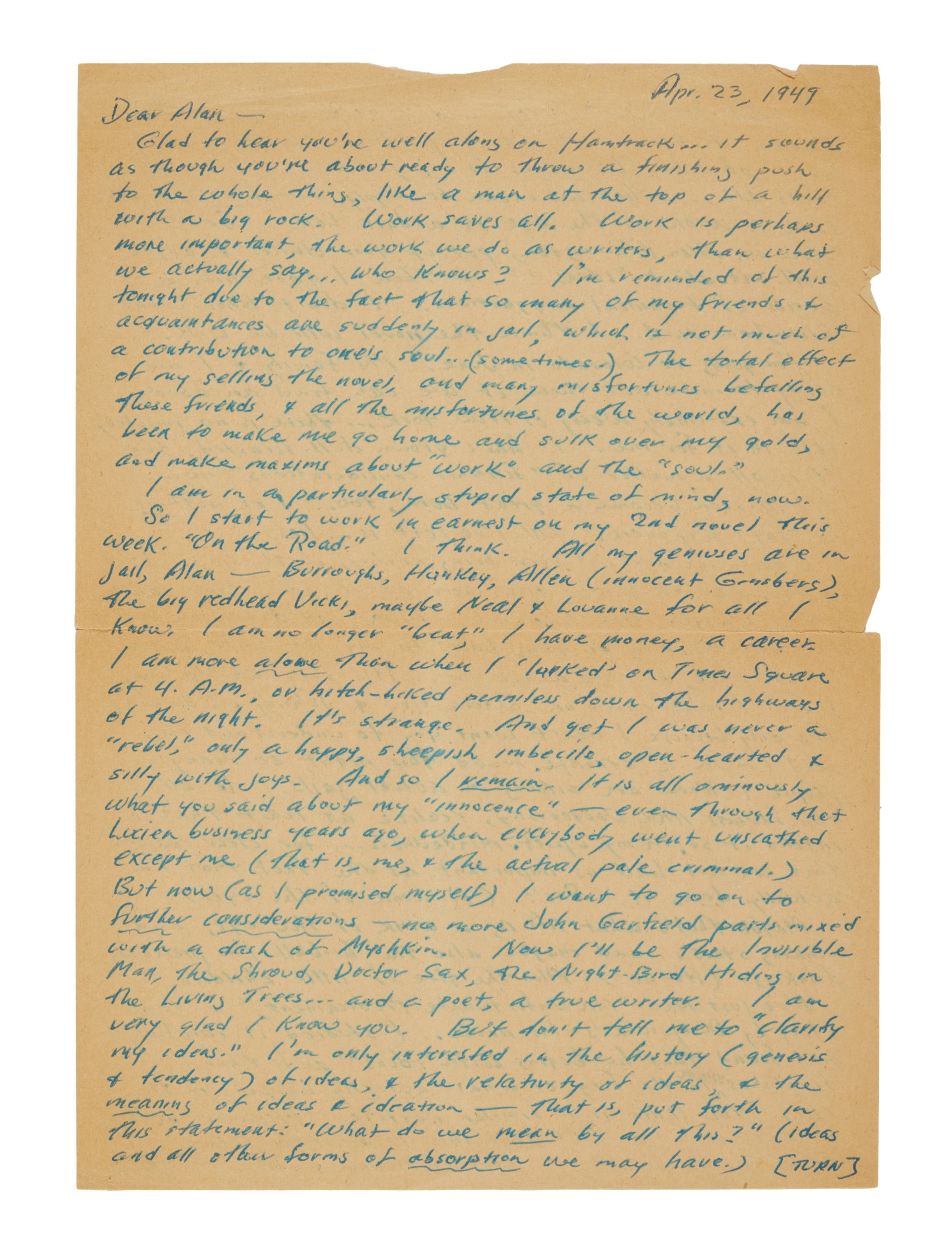 Kerouac, Jack | Autograph letter signed to Alan Harrington; "I start to work.