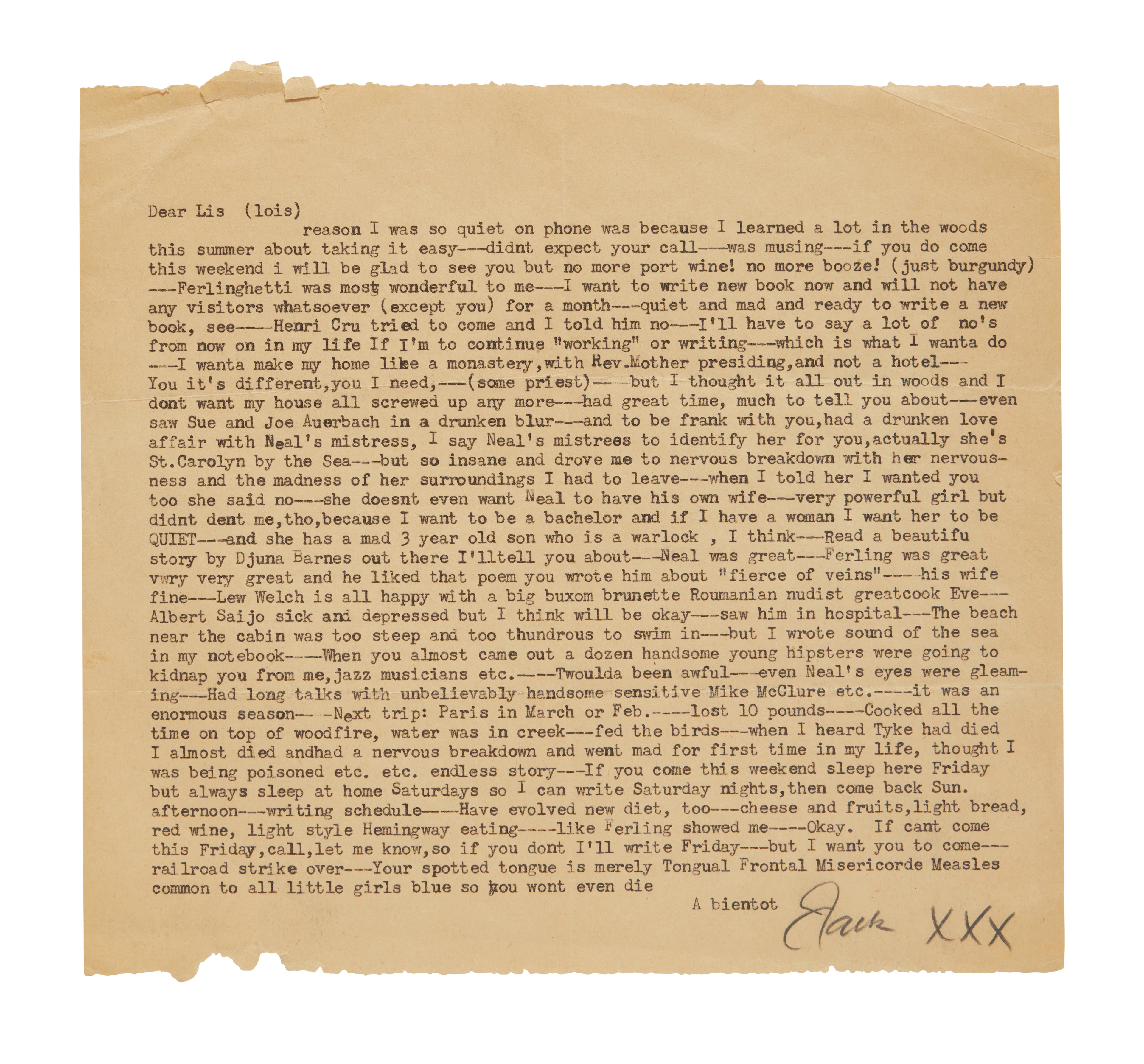 Kerouac, Jack | Typed letter signed to Lois Sorrells