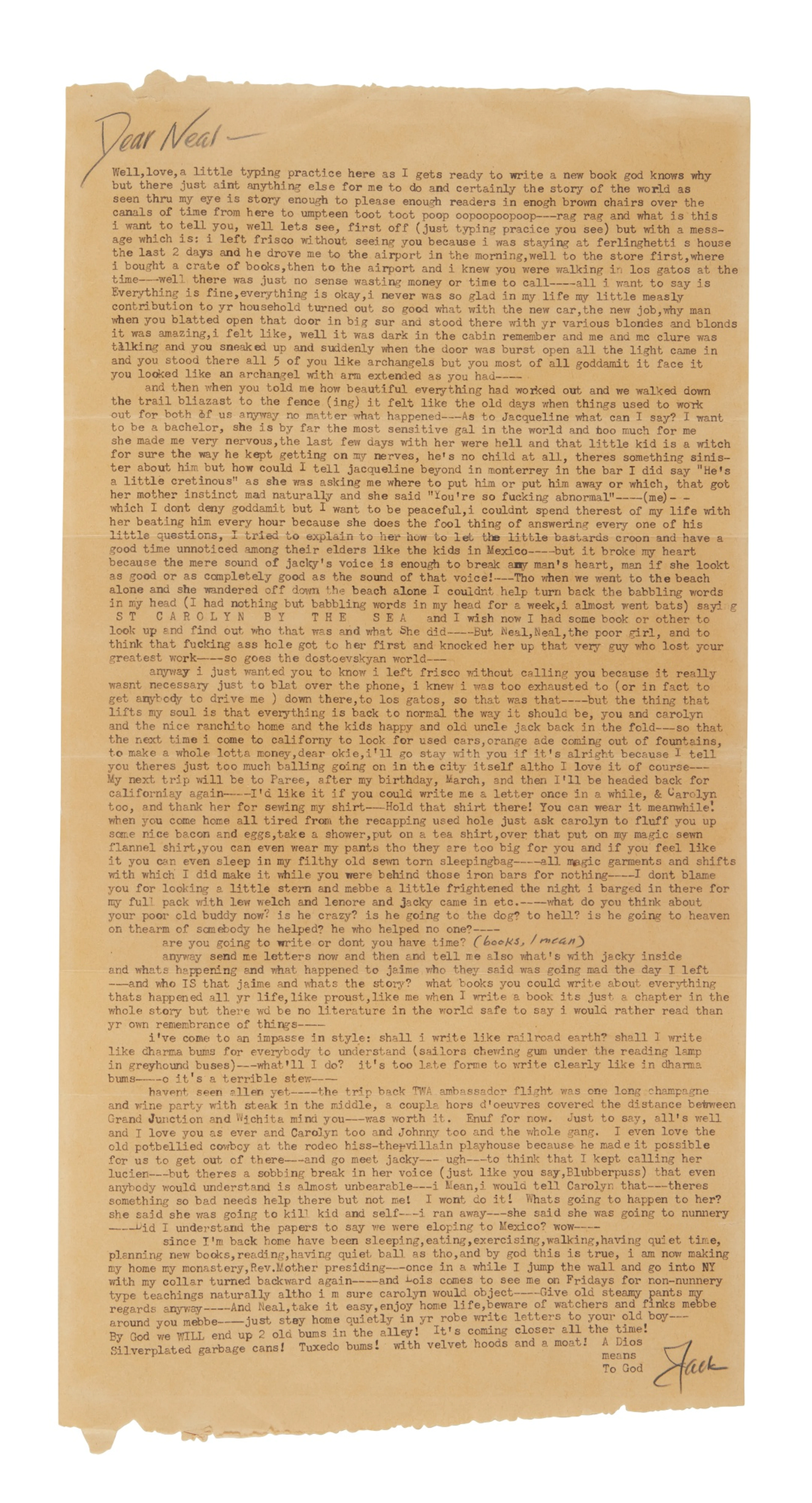 Kerouac, Jack | Typed letter signed to Neal Cassady