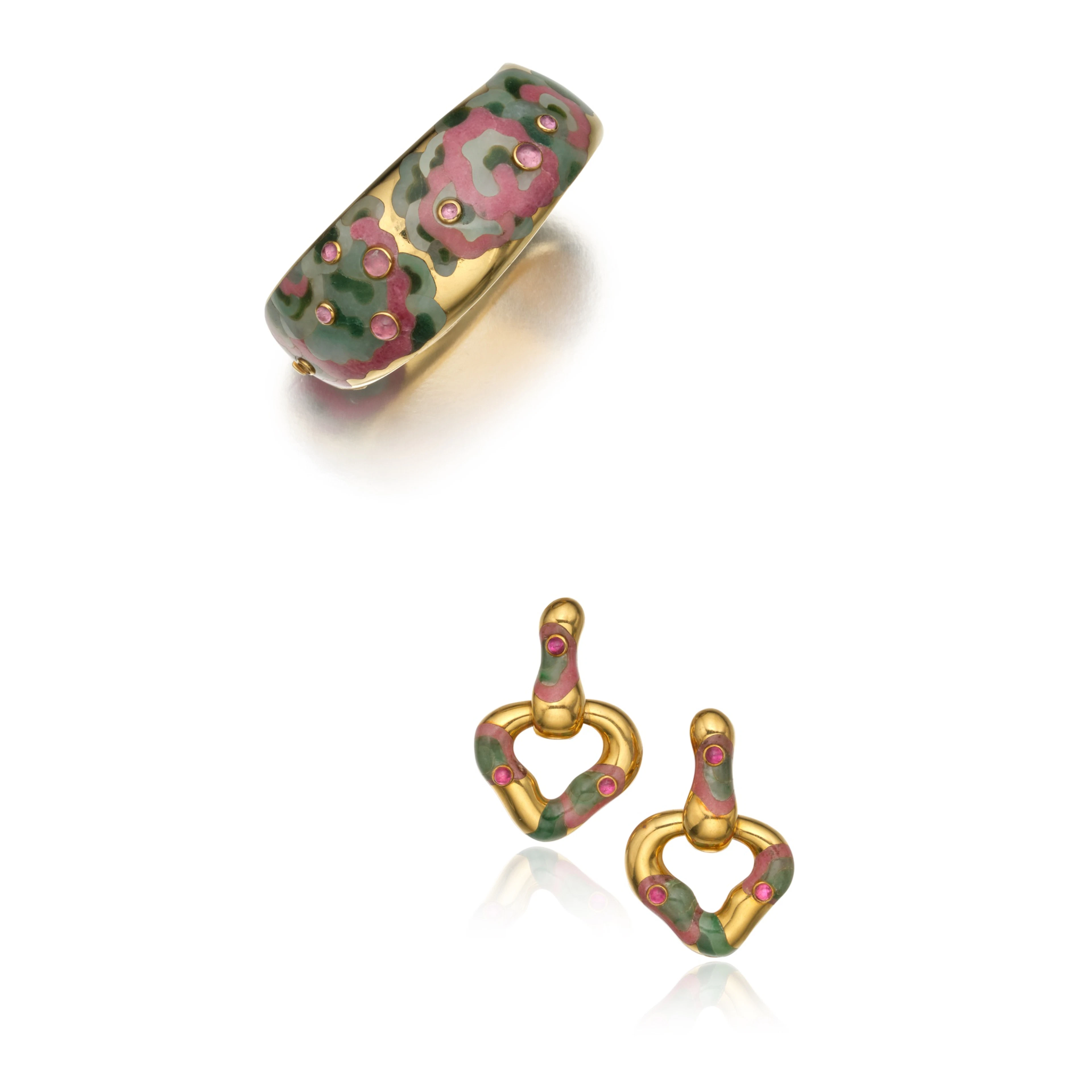 Gold, Hardstone and Tourmaline Bangle-Bracelet and Pair of Earclips