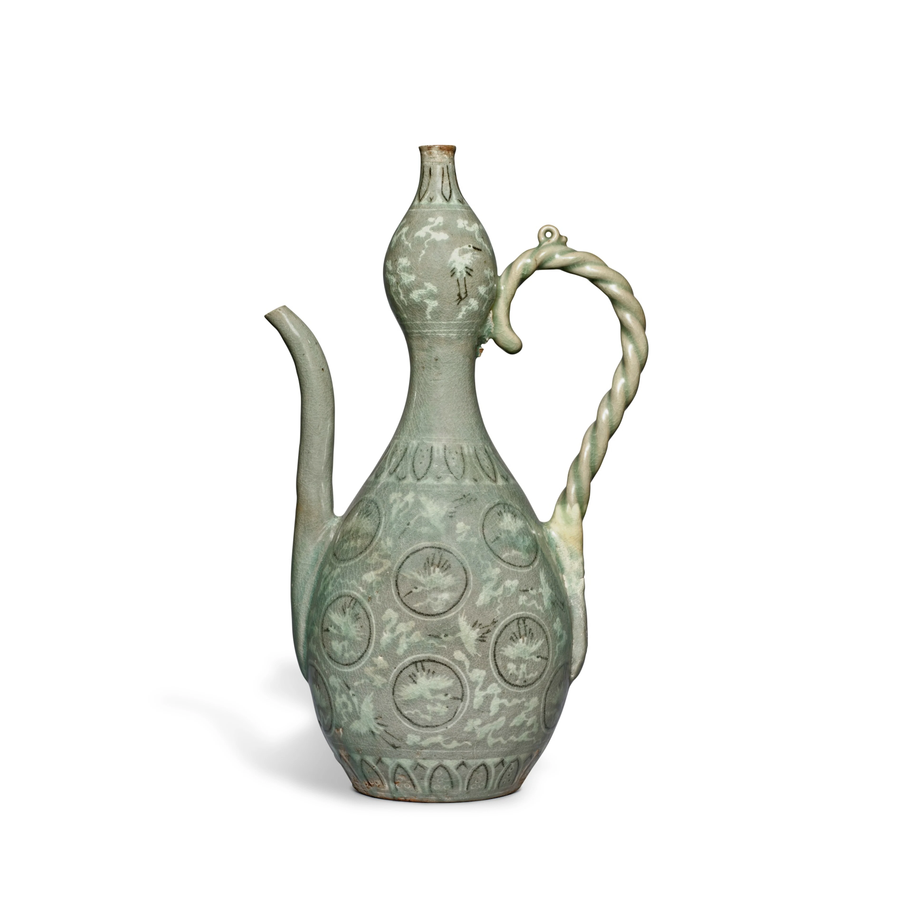 A large celadon-glazed 'crane' double-gourd ewer