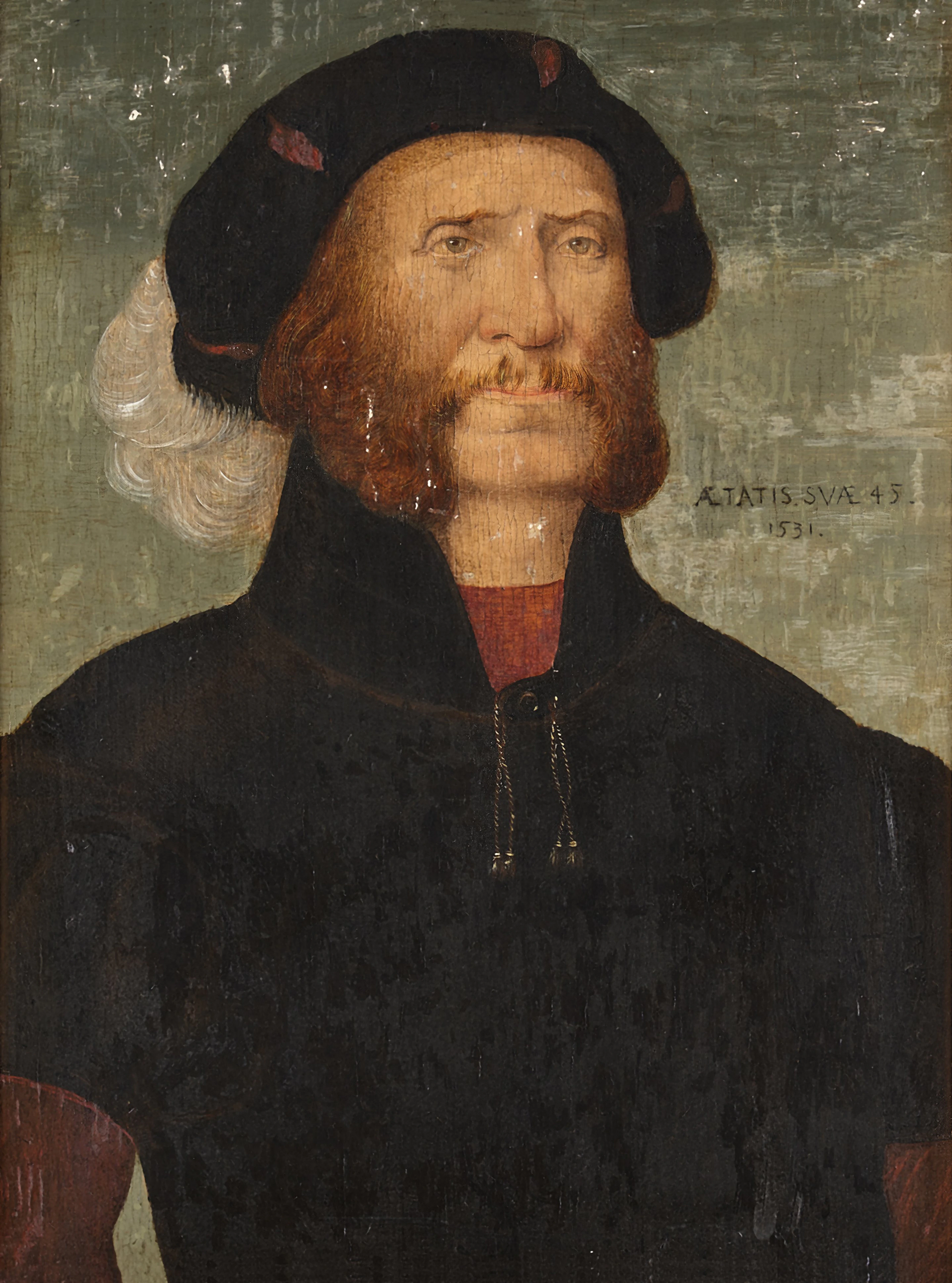 Portrait of a man, aged 45, half length, wearing a black tunic and plumed hat