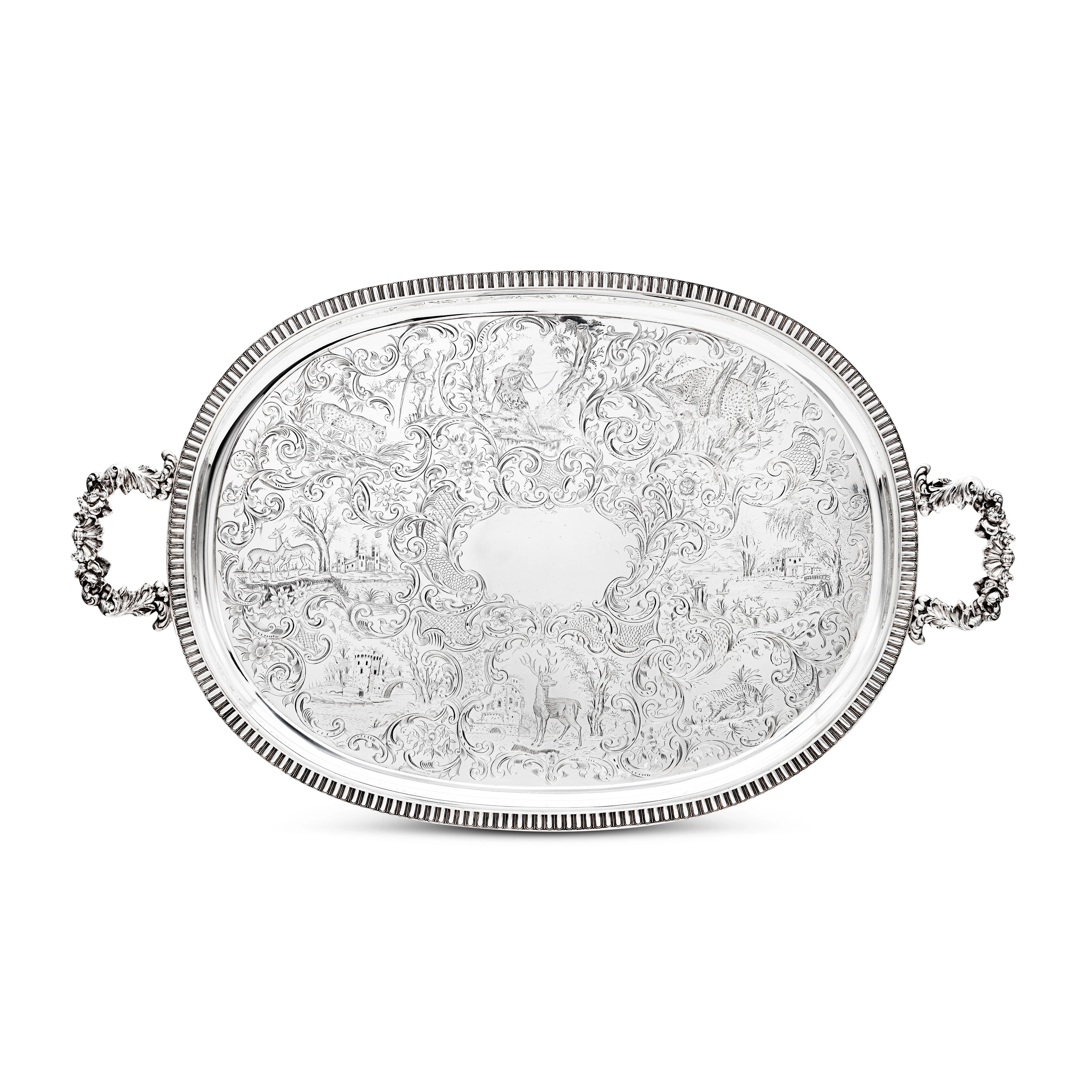 A Massive American Silver Two-Handled Tray with Engraved Zoological Scenes