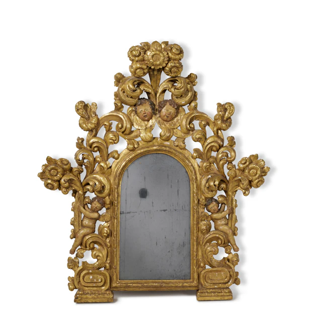 A Pair of Spanish Colonial Baroque Polychrome Painted Carved Giltwood Mirrors