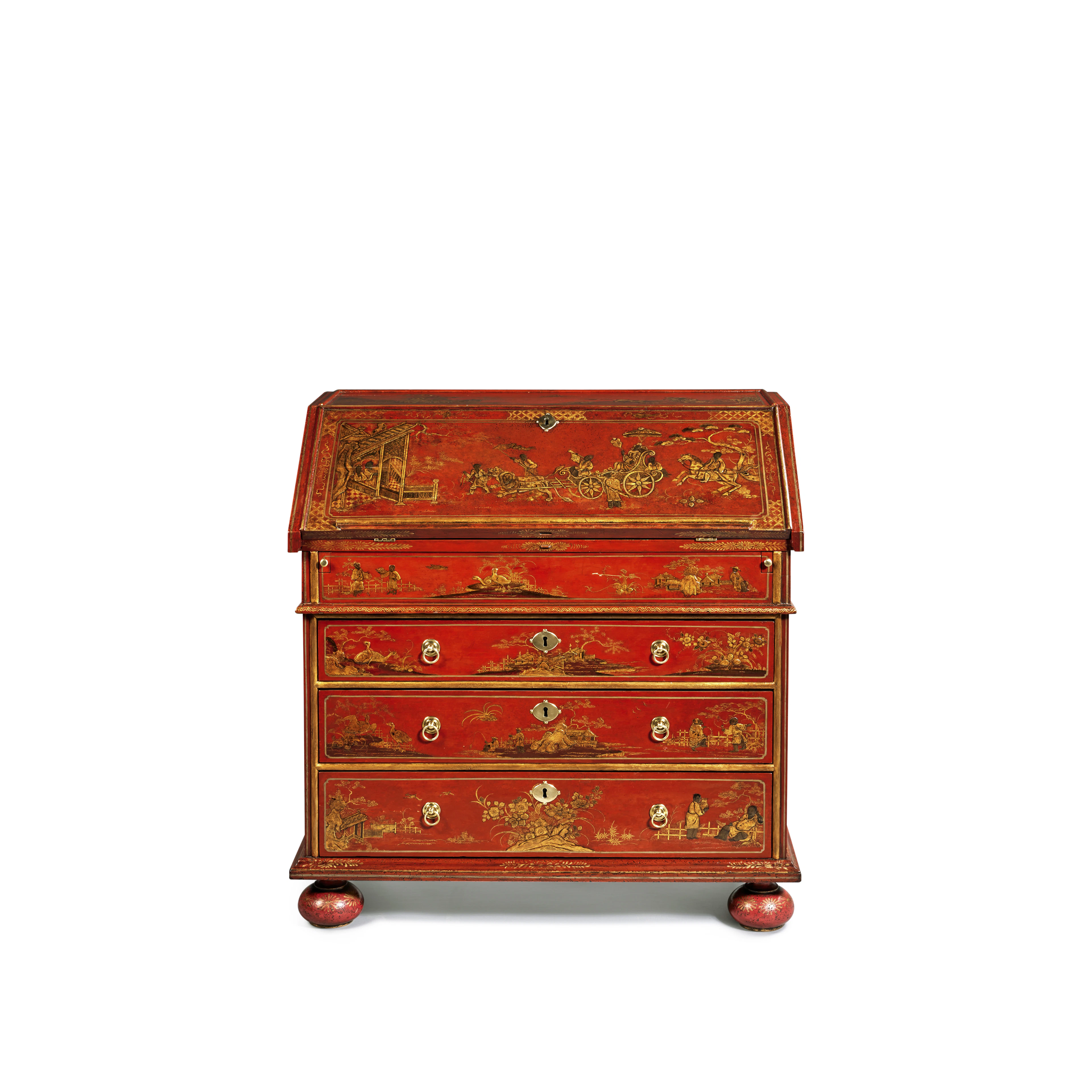 A William and Mary Gilt and Scarlet Japanned Slant-Front Desk, Circa 1700
