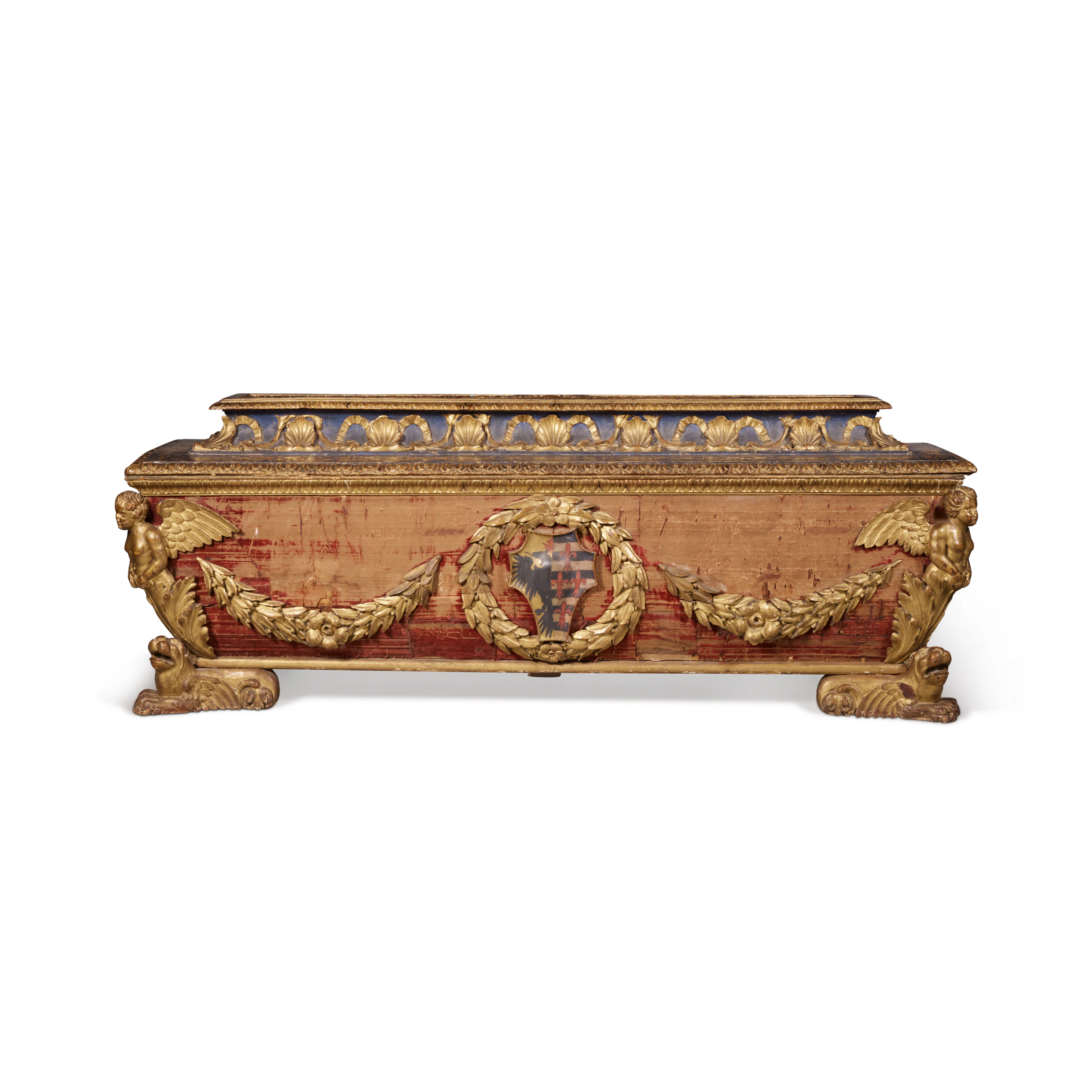 An Italian Renaissance Style Parcel-Gilt and Polychrome Painted Wood Cassone