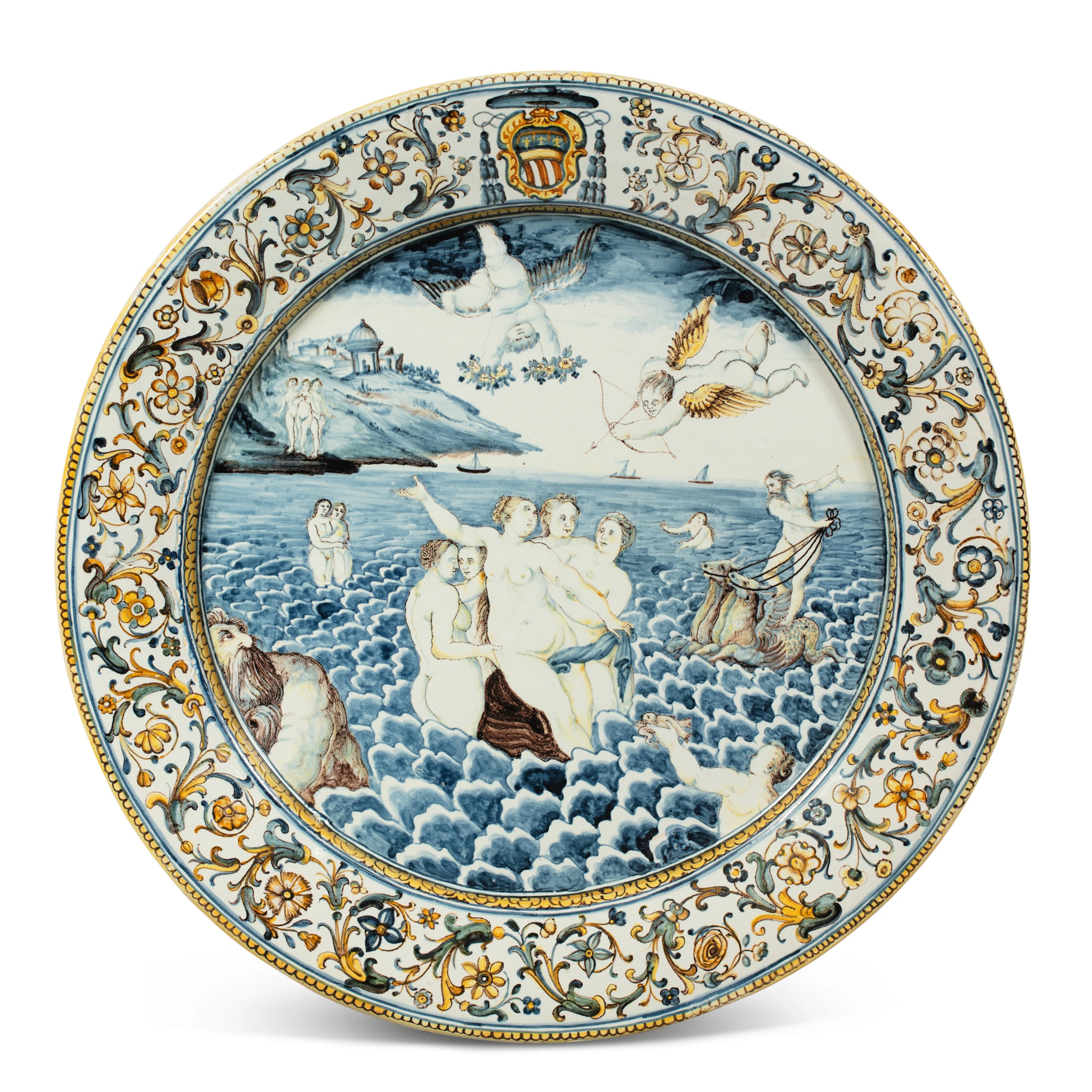 A Castelli maiolica armroial istoriato large dish