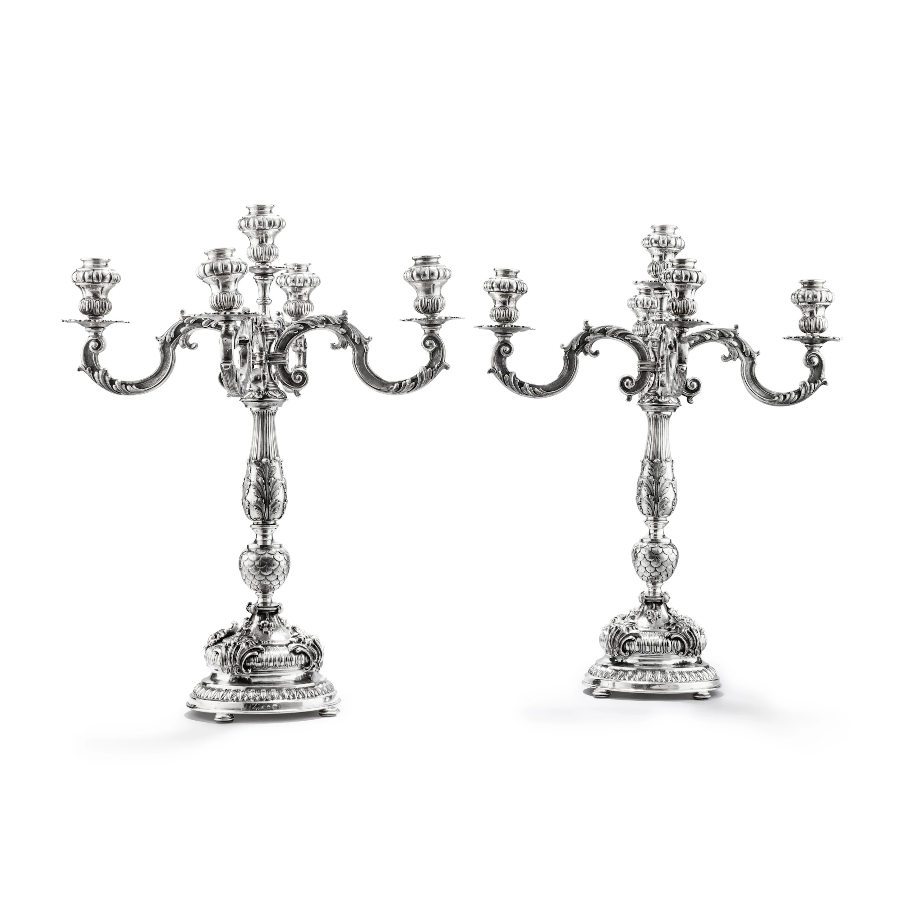 A large Italian pair of silver five-light candelabra
