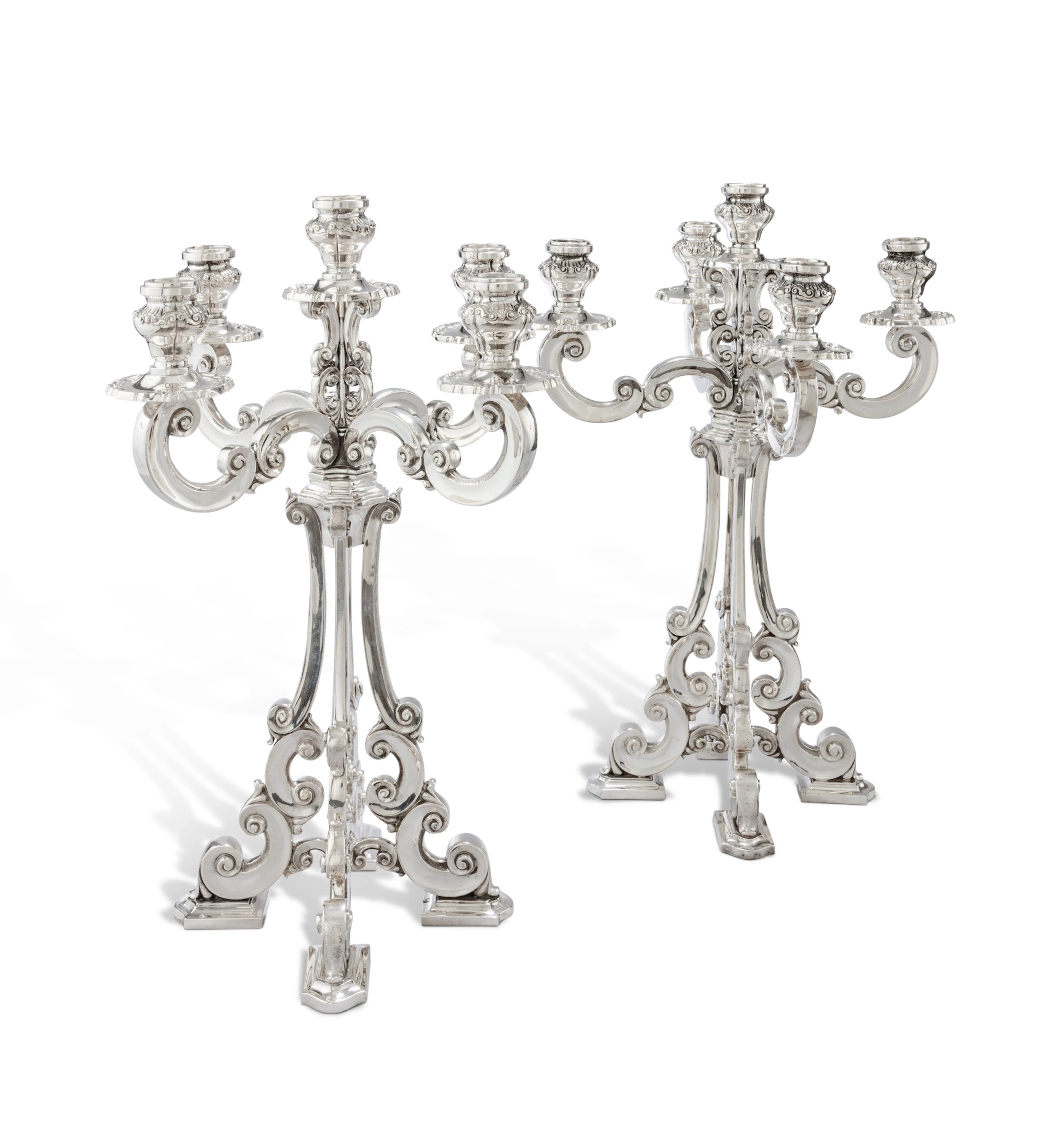 A pair of large silver five-light candelabra