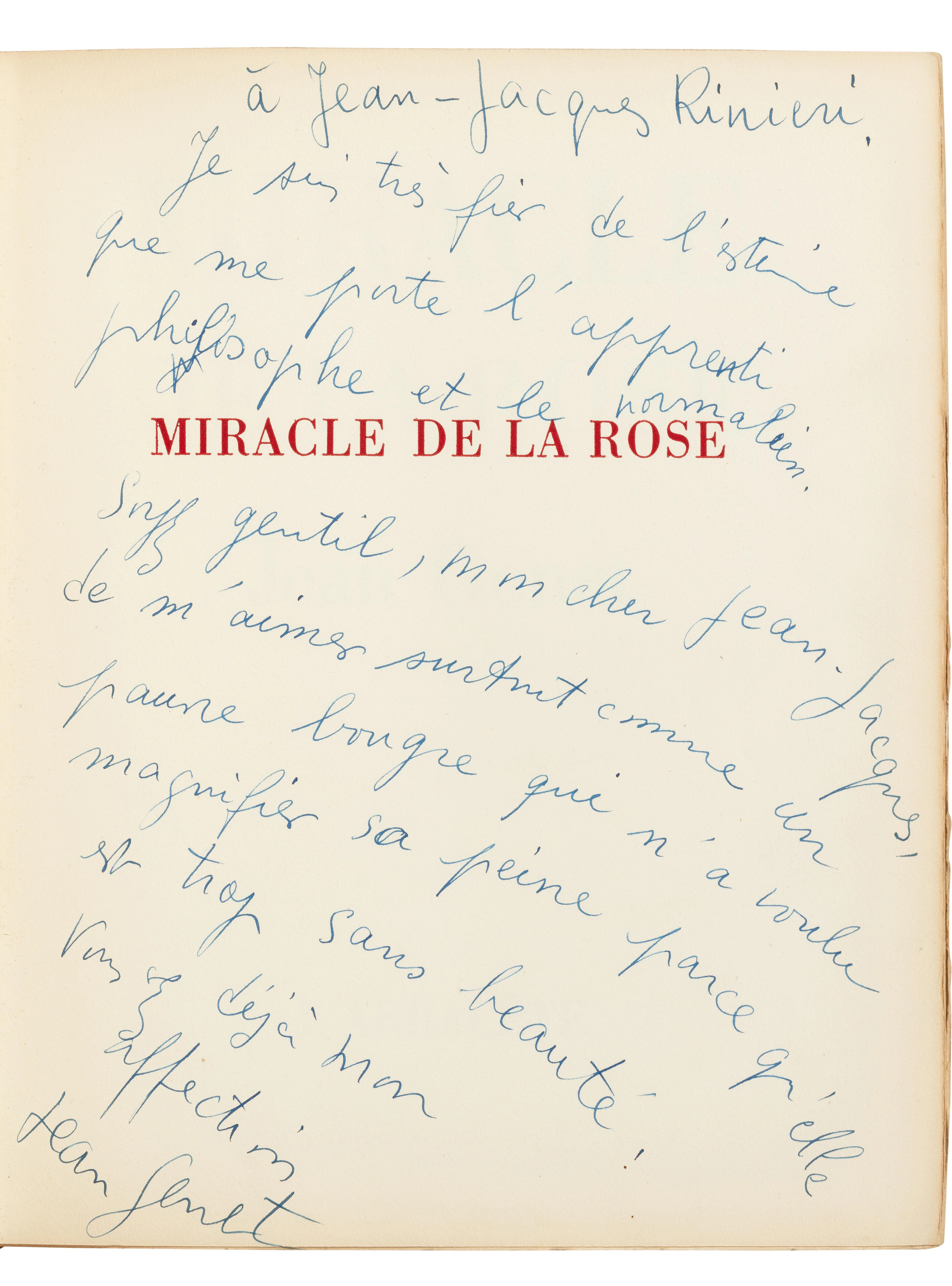 Miracle de la Rose. 1946. Édition originale avec envoi à Jean-Jacques Rinieri.