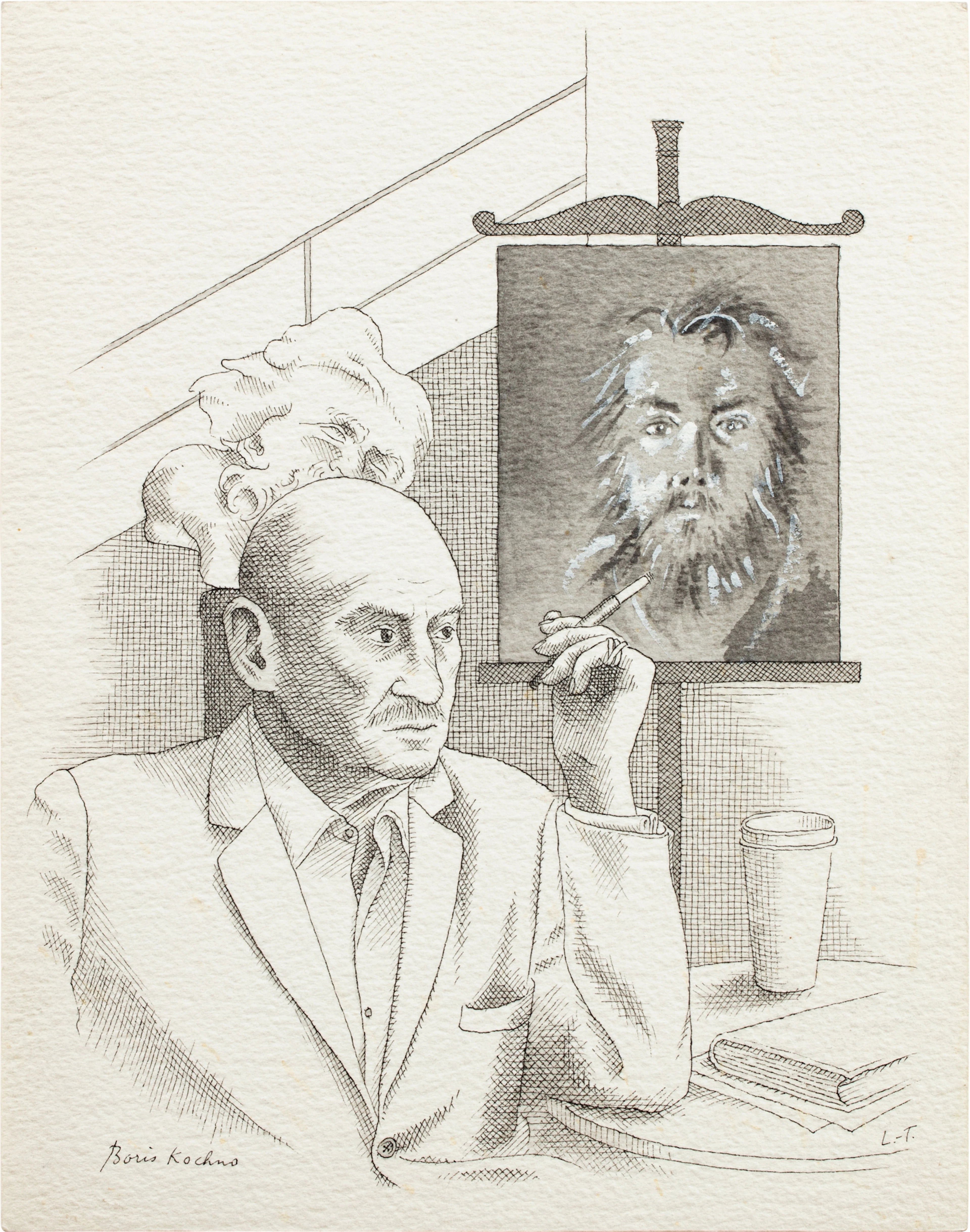 Portrait of Boris Kochno sitting under a portrait of Christian Bérard