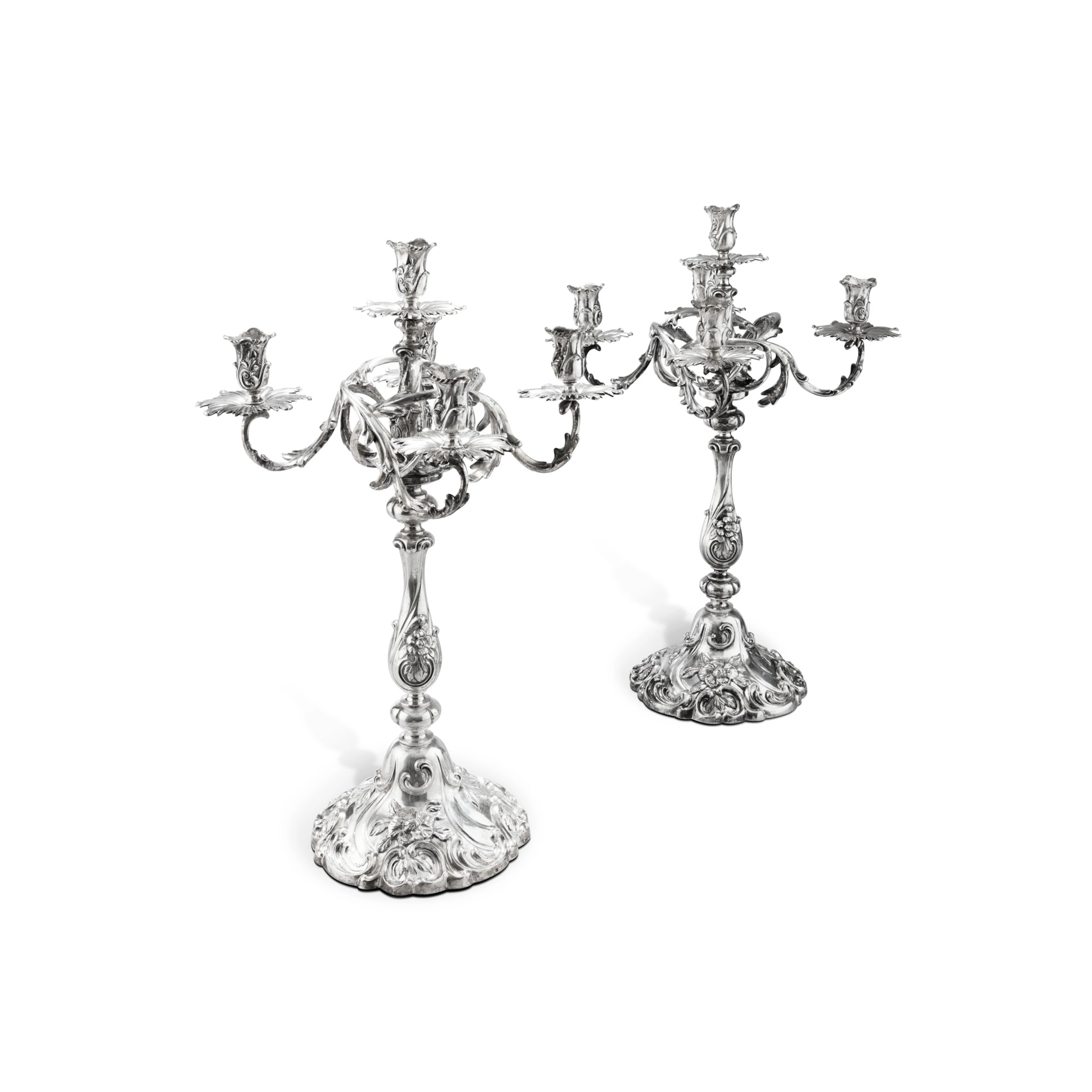A pair of large Dutch silver five-light candelabra