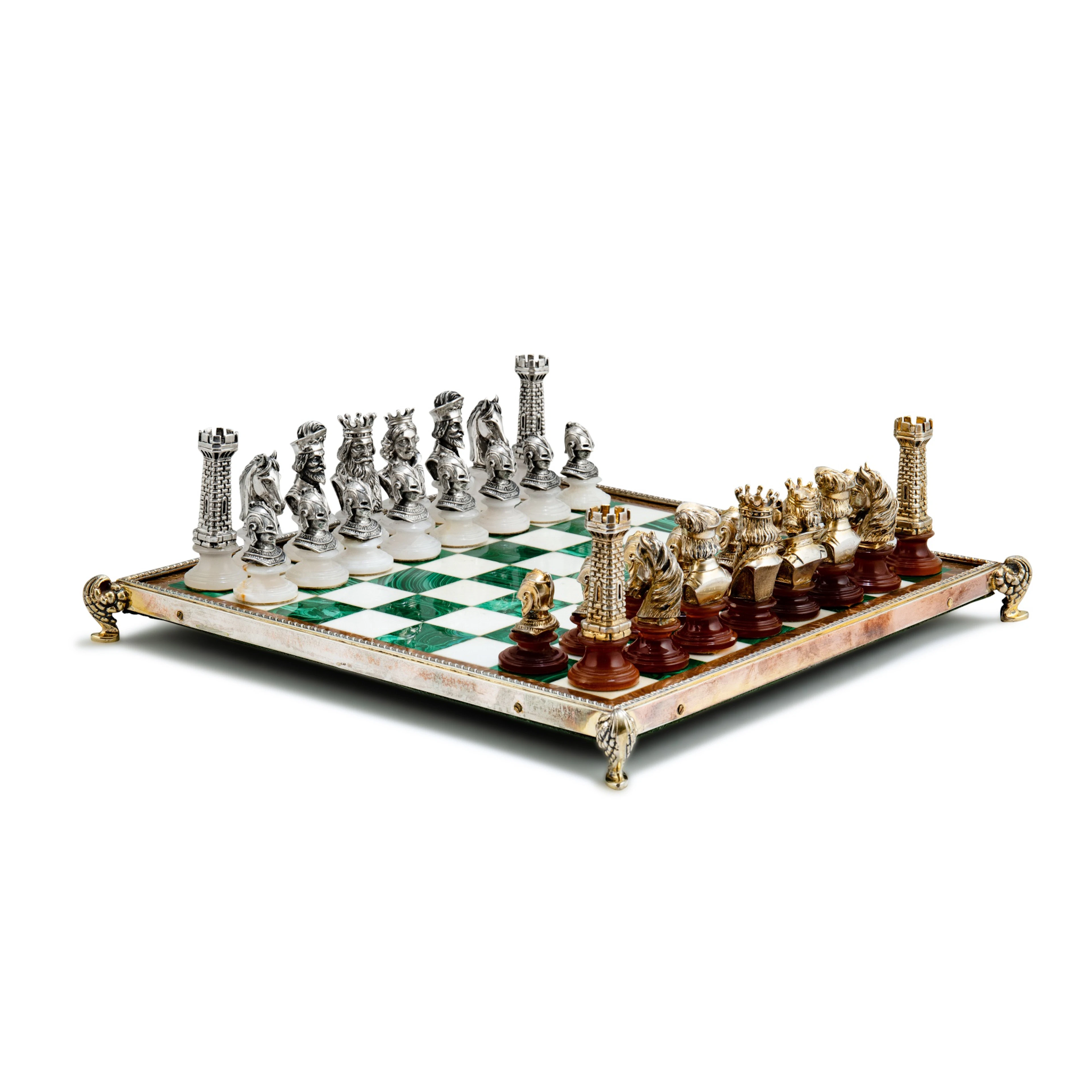 A Italian hardstone chess set mounted in silver-gilt and silver