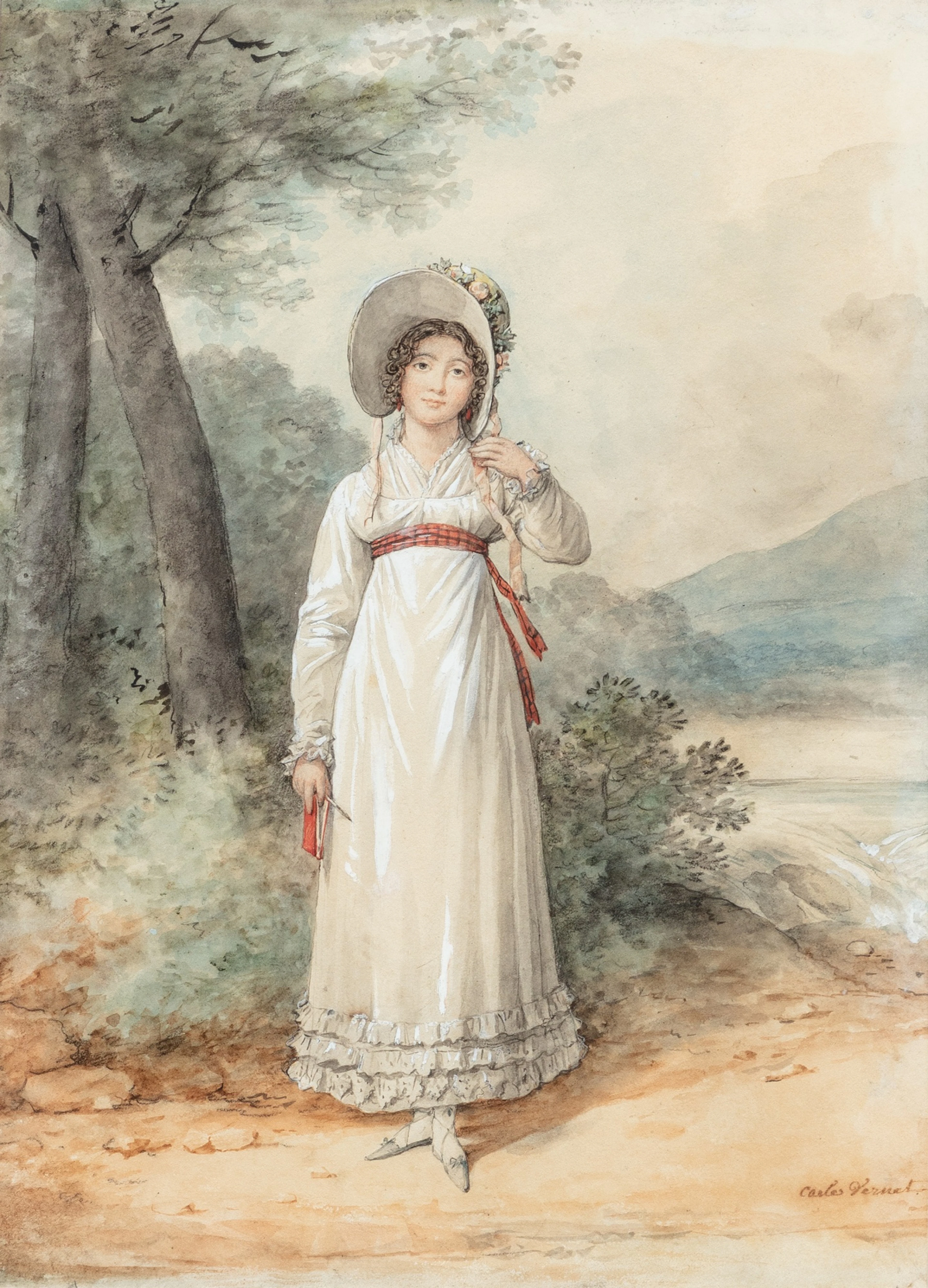 Full length portrait of Madame Horace Vernet, born Louise Pujol, drawn outdoors