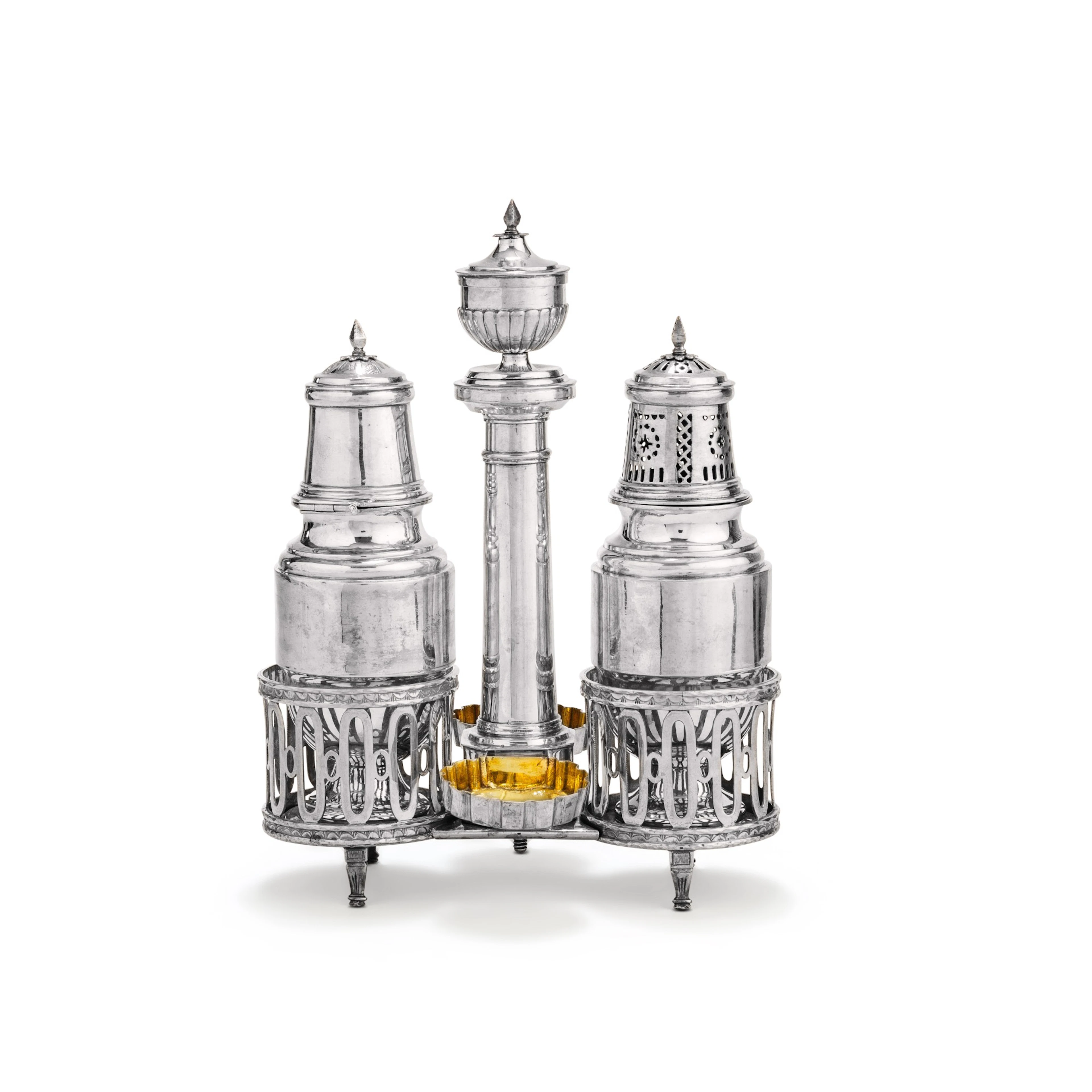 A silver and parcel-gilt silver condiment service