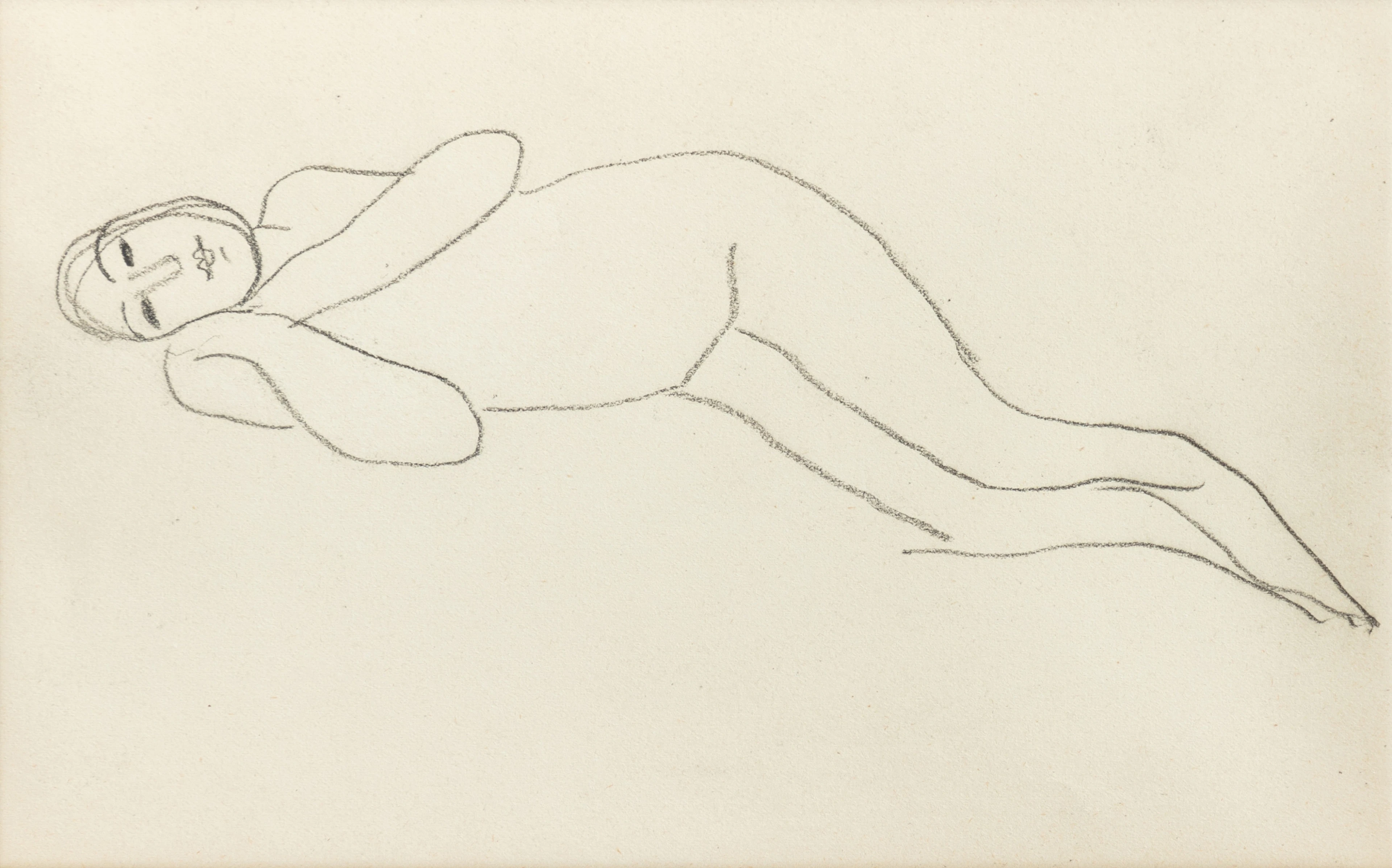 Femme nue de trois quarts vers la gauche étendue sur un canapé