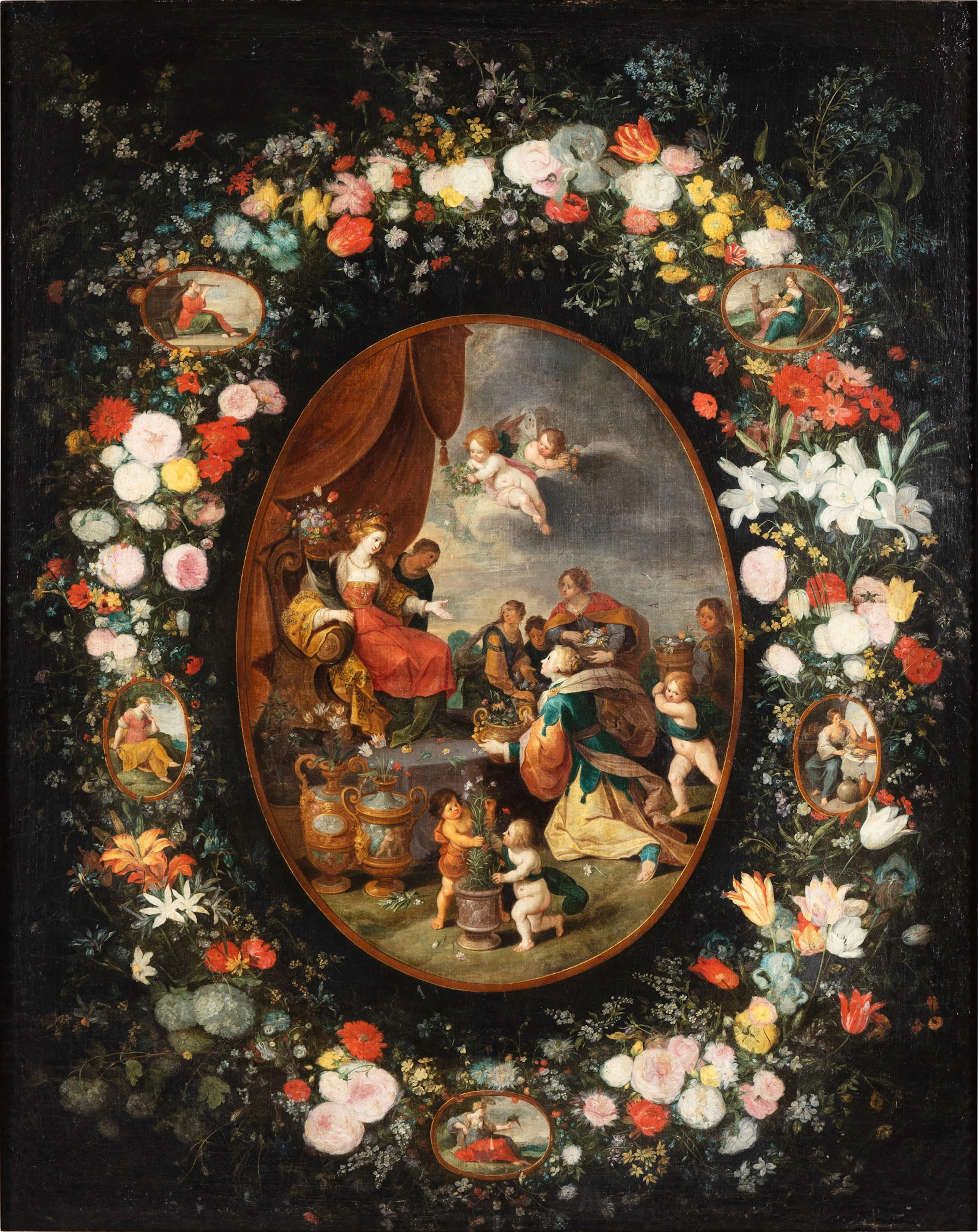 The Triumph of Flora with a garland of flowers and...
