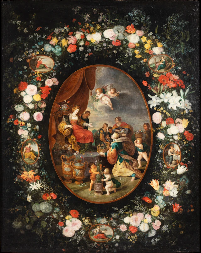 The Triumph of Flora with a garland of flowers and...
