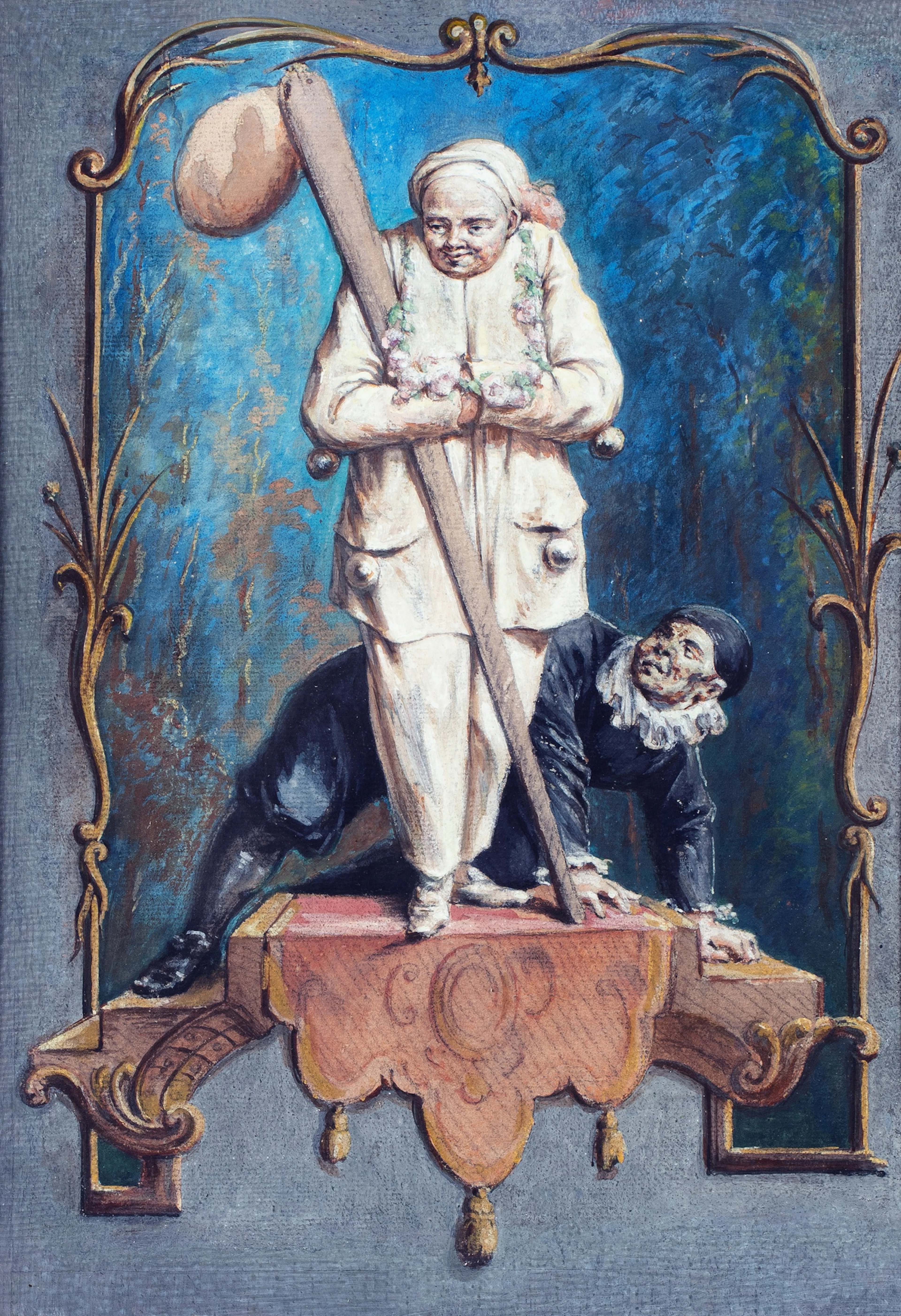 Two actors standing on an ornamental platform | Deux...