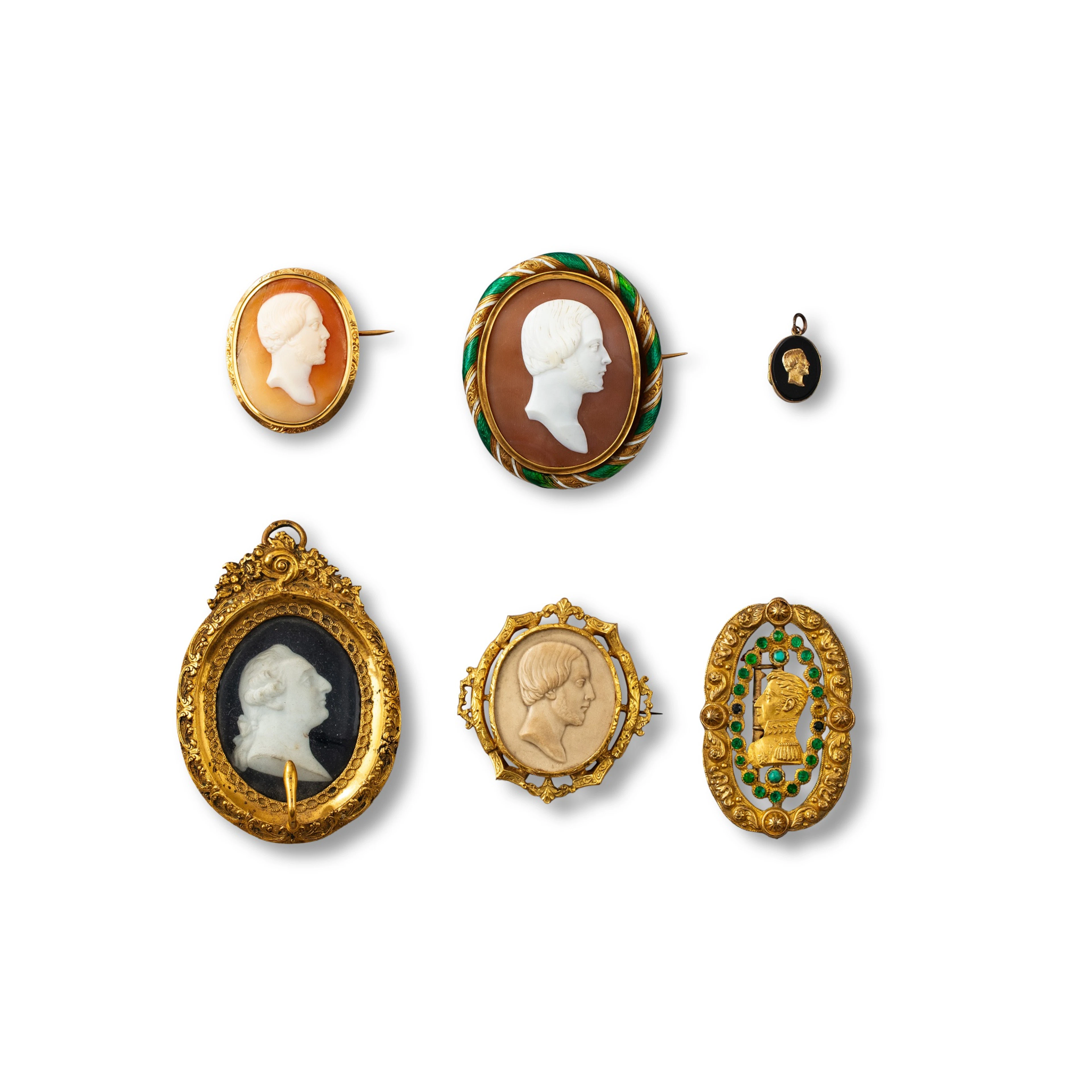 A group of six cameos of various materials