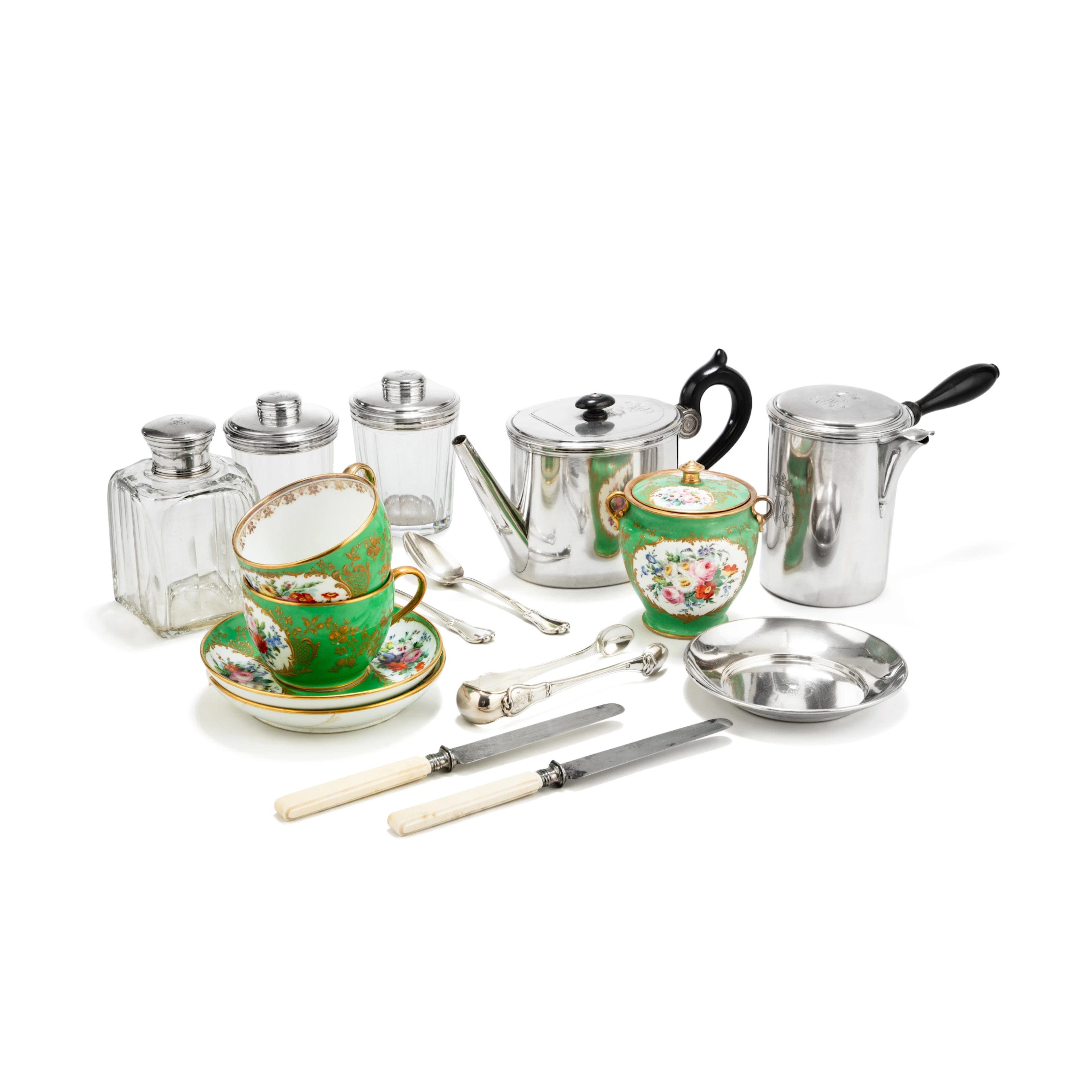 A silver and Sèvres porcelain tea set engraved MC for Marie-Caroline