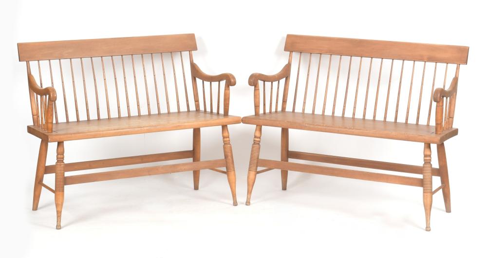 Pair of Maple Windsor Settees, Duckloe Bros. Inc