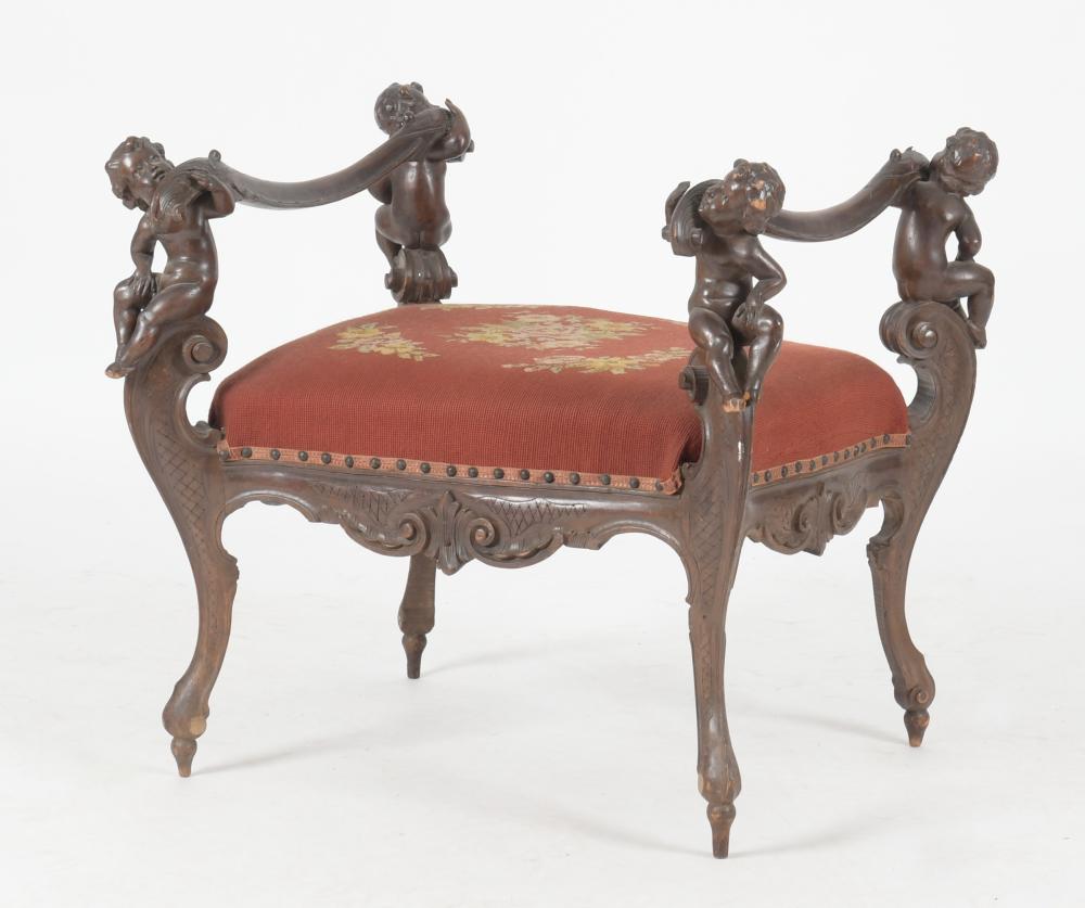 Italian Rococo Style Walnut Figural Window Bench