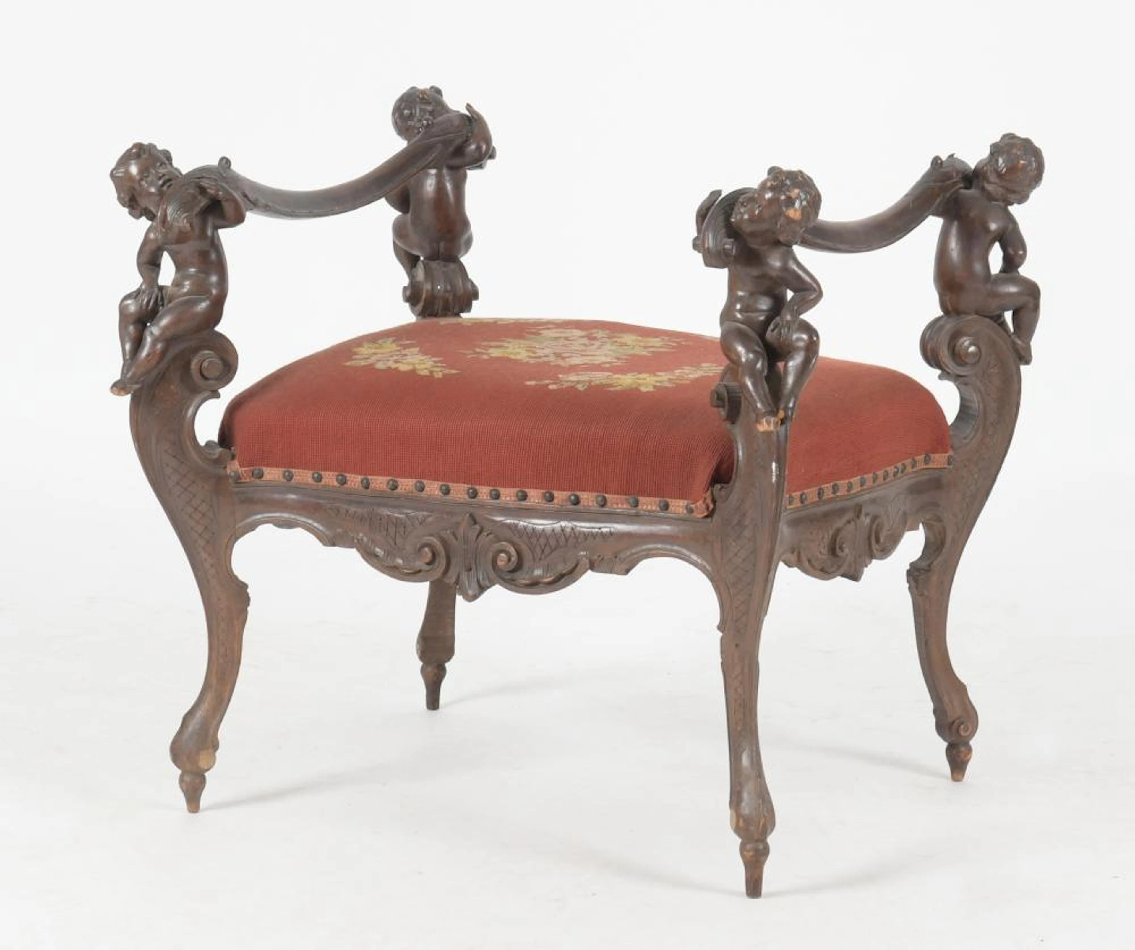 Italian Rococo Style Walnut Figural Window Bench