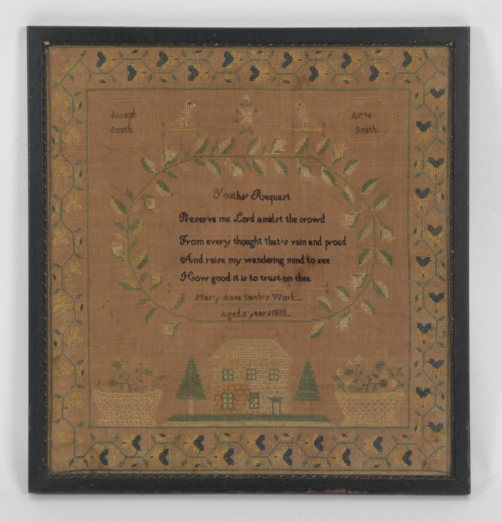 Girlhood Pictorial Needlework Sampler, Mary Anne Smith