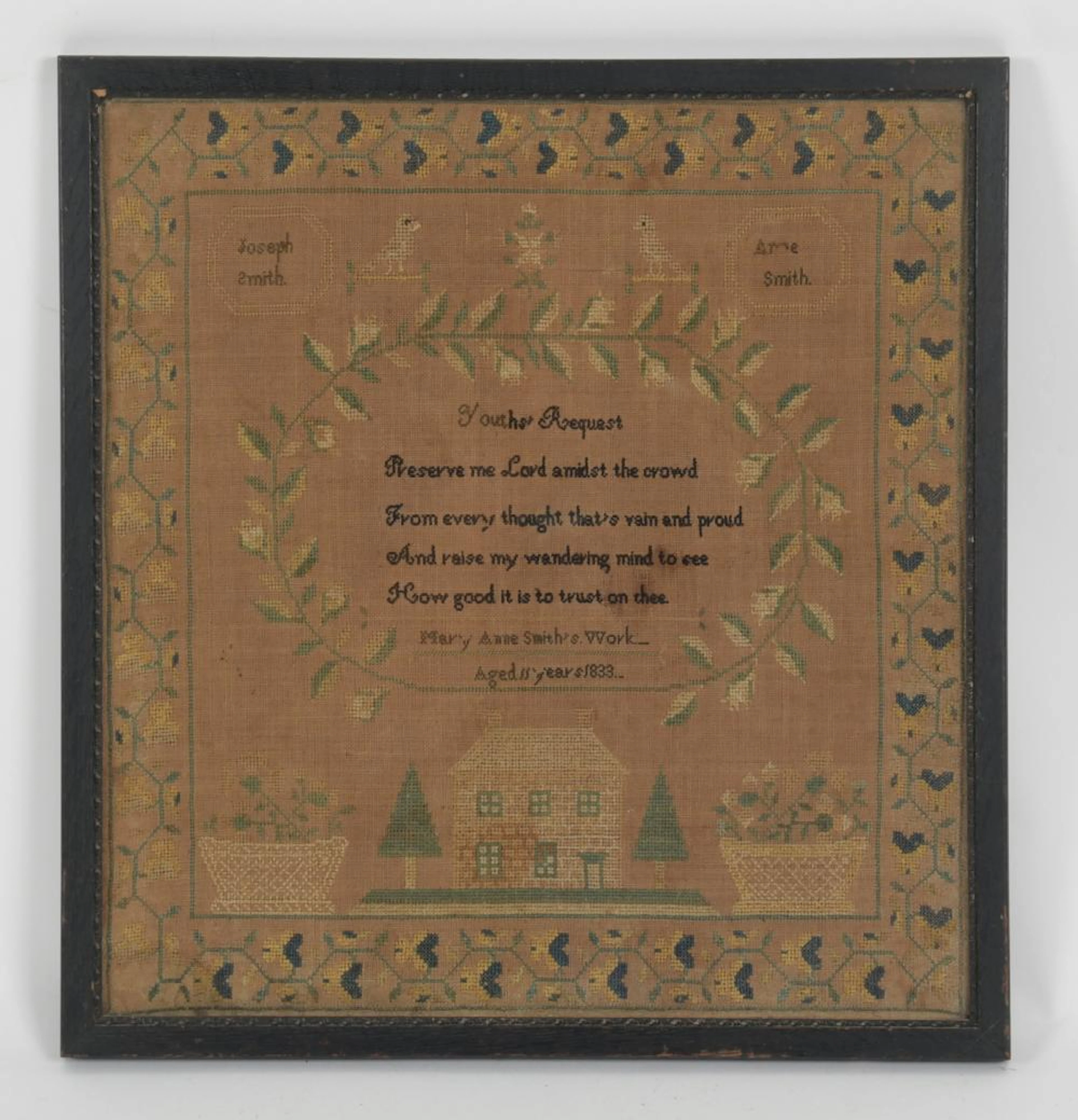 Girlhood Pictorial Needlework Sampler, Mary Anne Smith