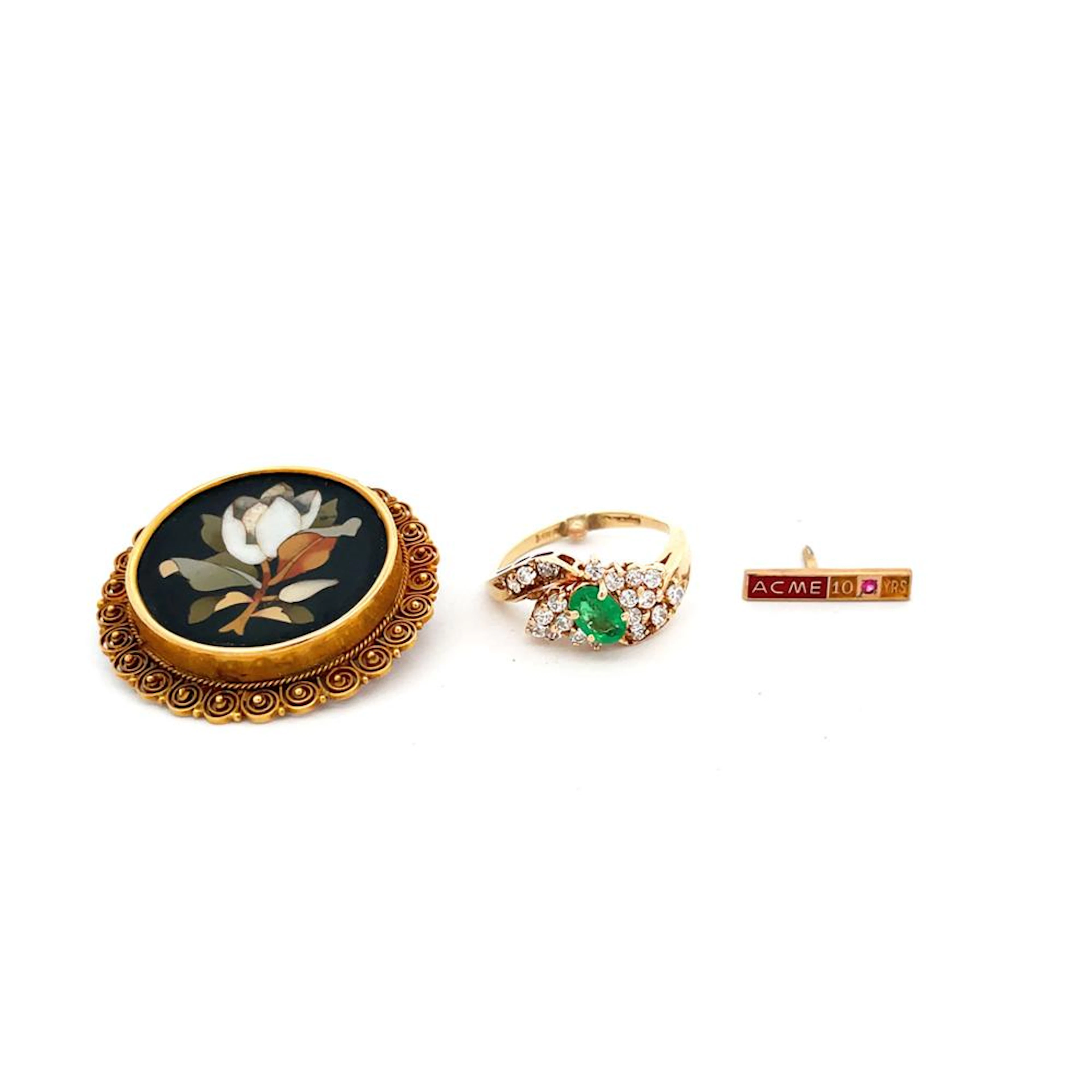 18K Diamond Emerald Ring, Pietra Dura Pi