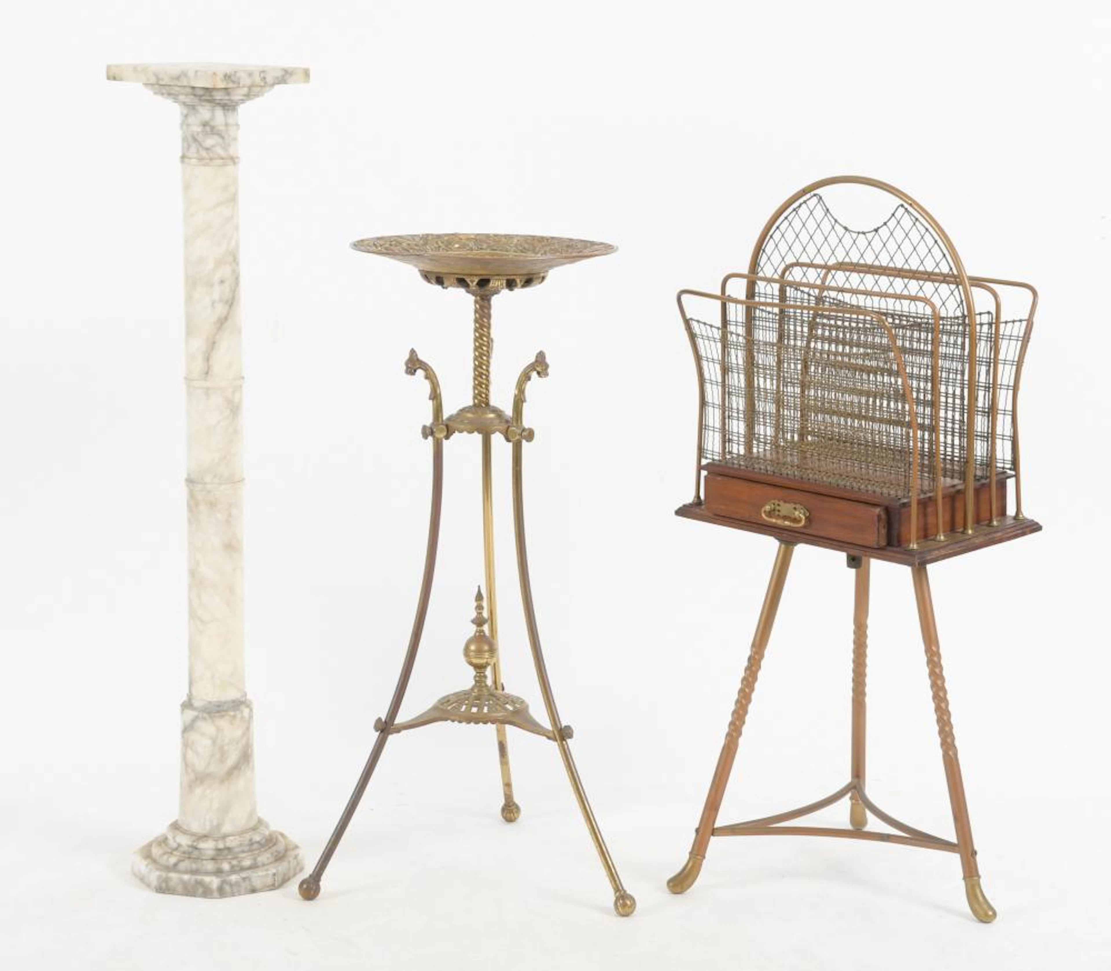 Marble Pedestal, Brass Stand and Magazine Rack
