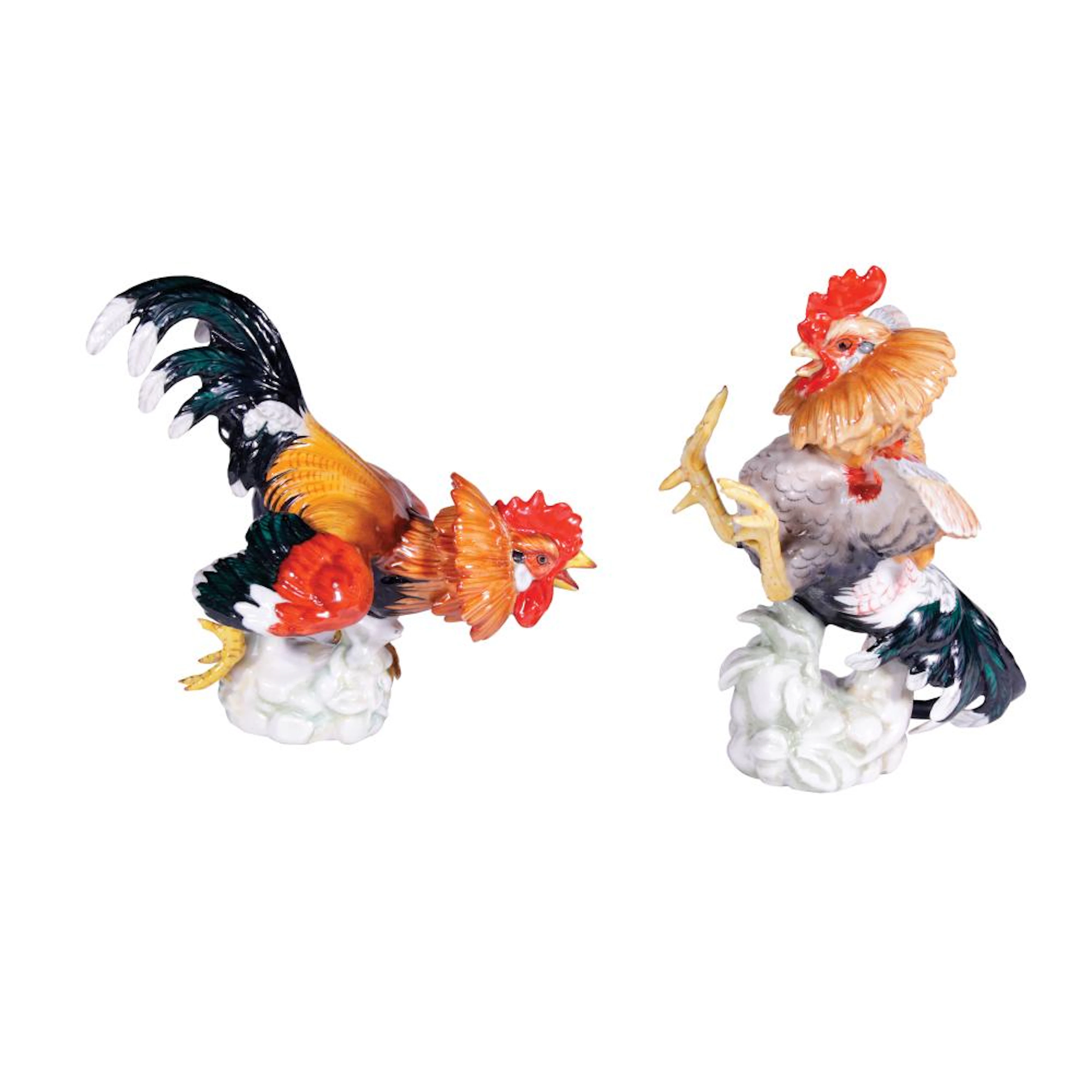 Alcora A Pair of Hand-Made Porcelain Fighting Cocks