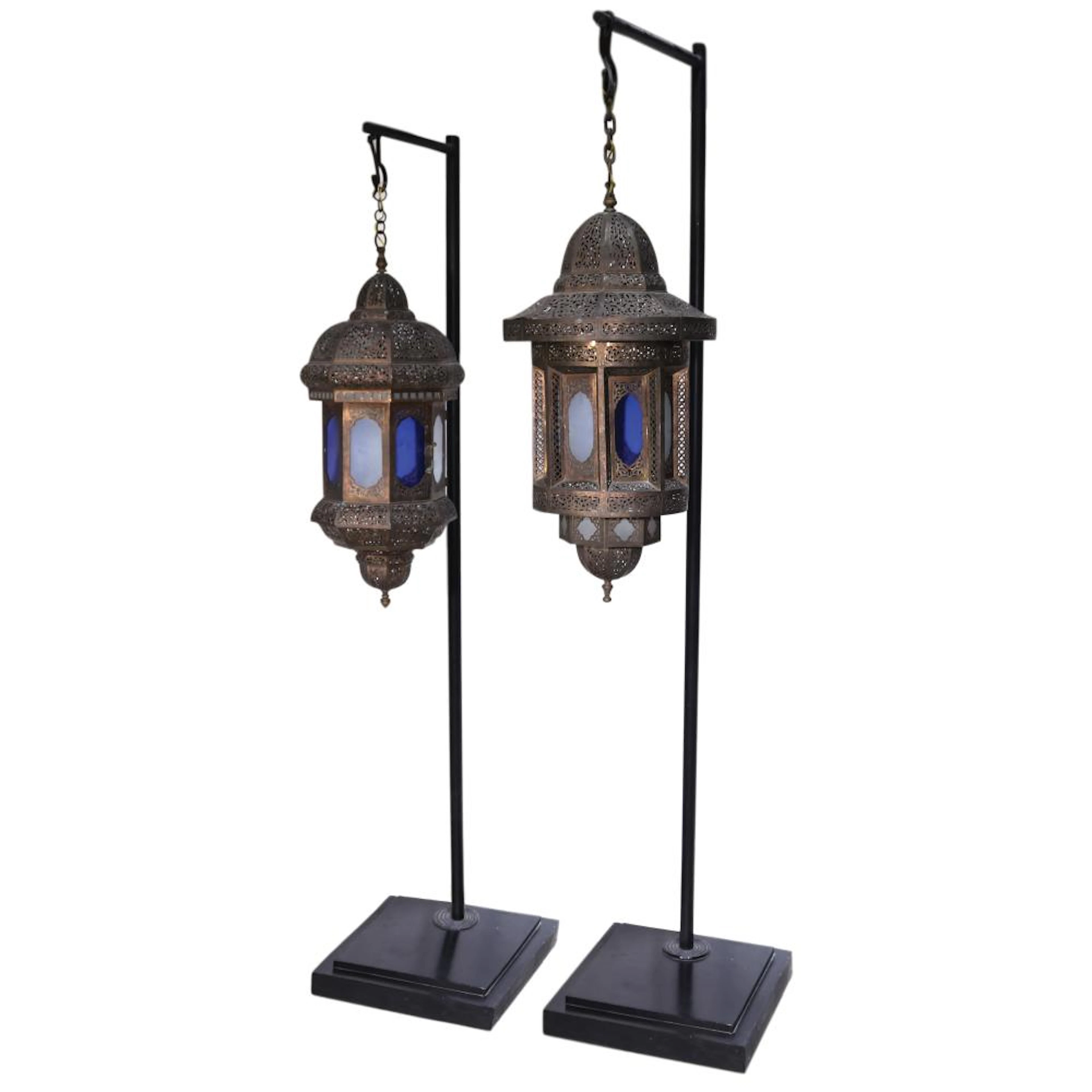 Two Moroccan Hanging Brass Lamps on Metal Stands