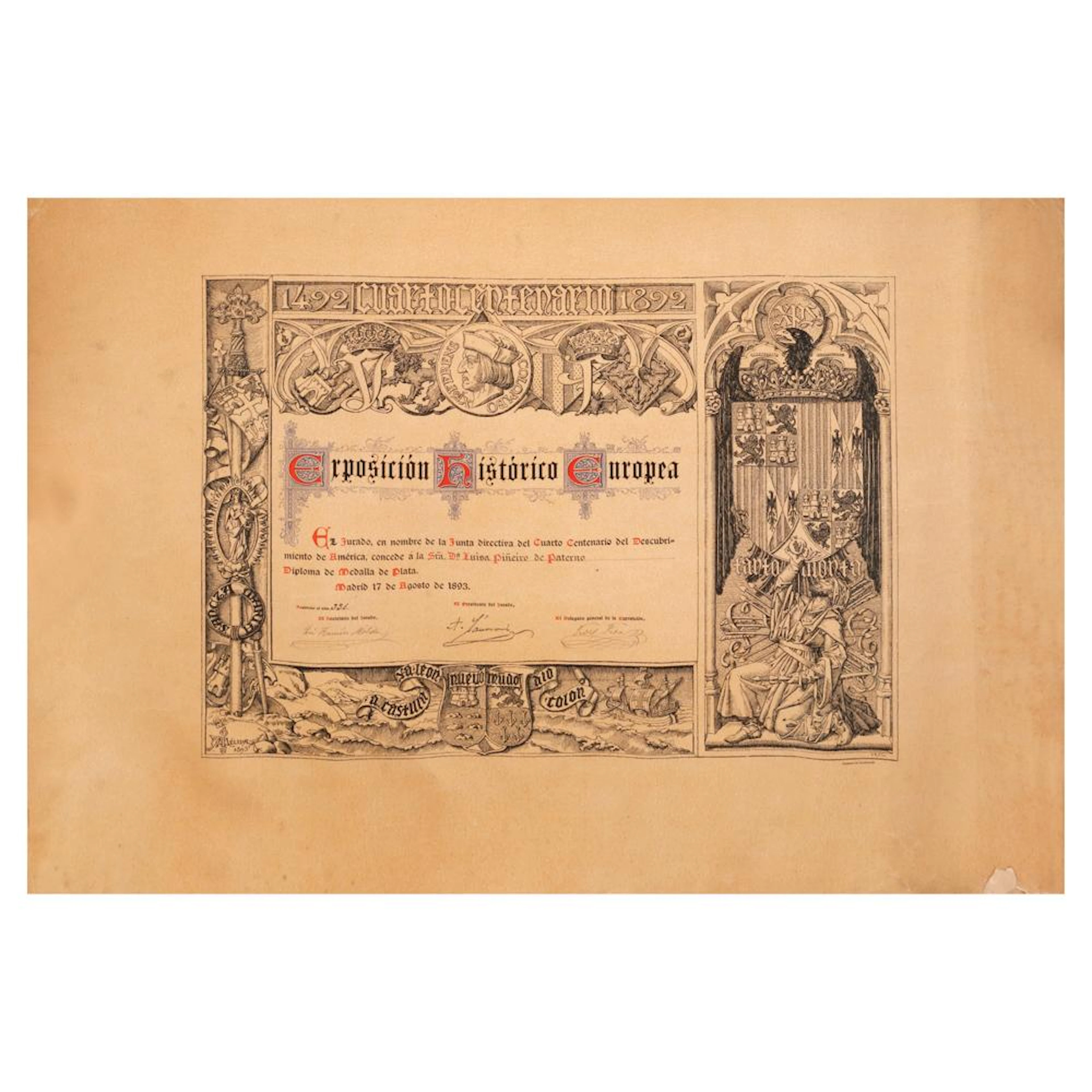 Exposición Histórico Europea Diploma de Medalla de Plata given to Sra