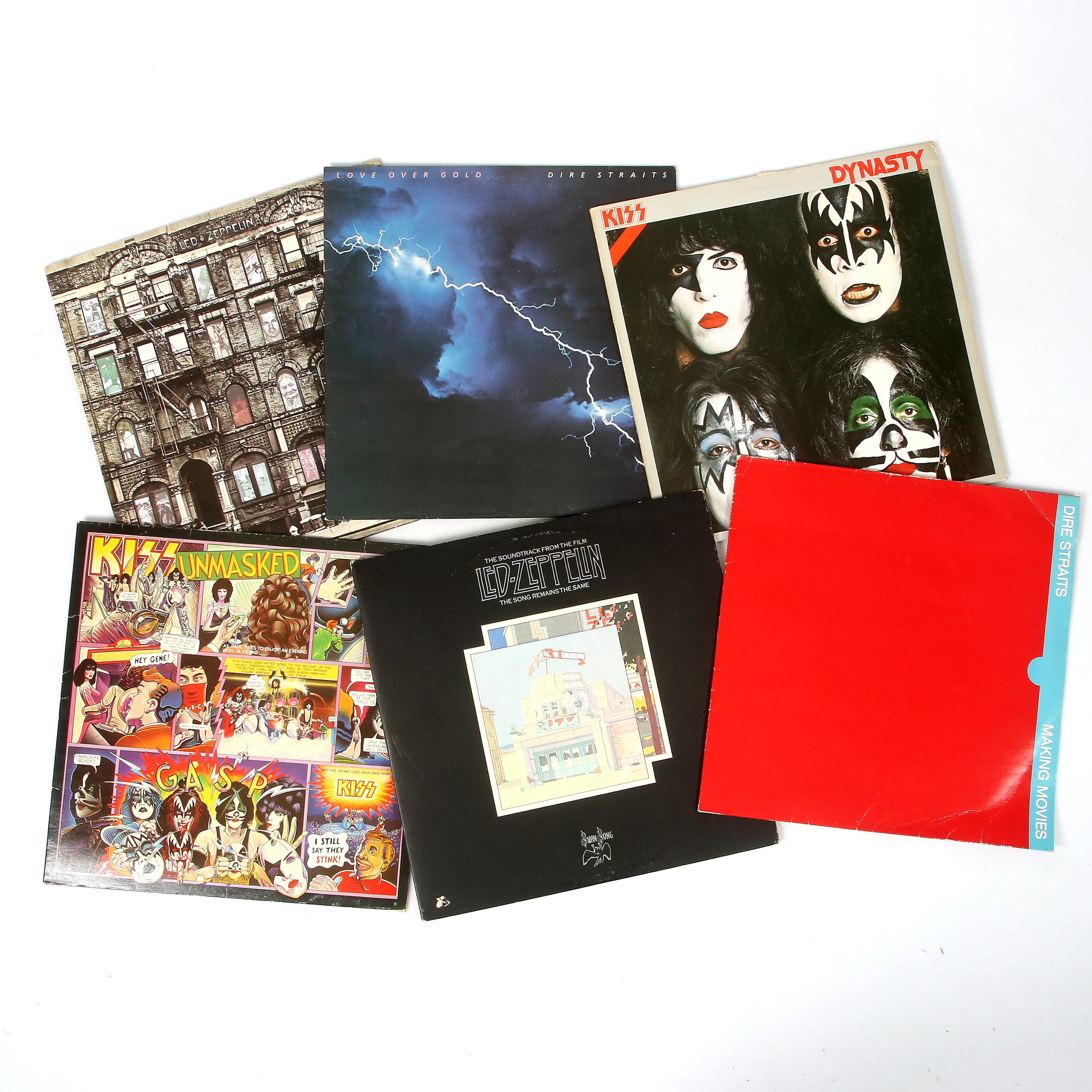 VINYLSKIVOR, 6 st, Led Zeppelin, Kiss, Dire Straits, 1970-80-tal.