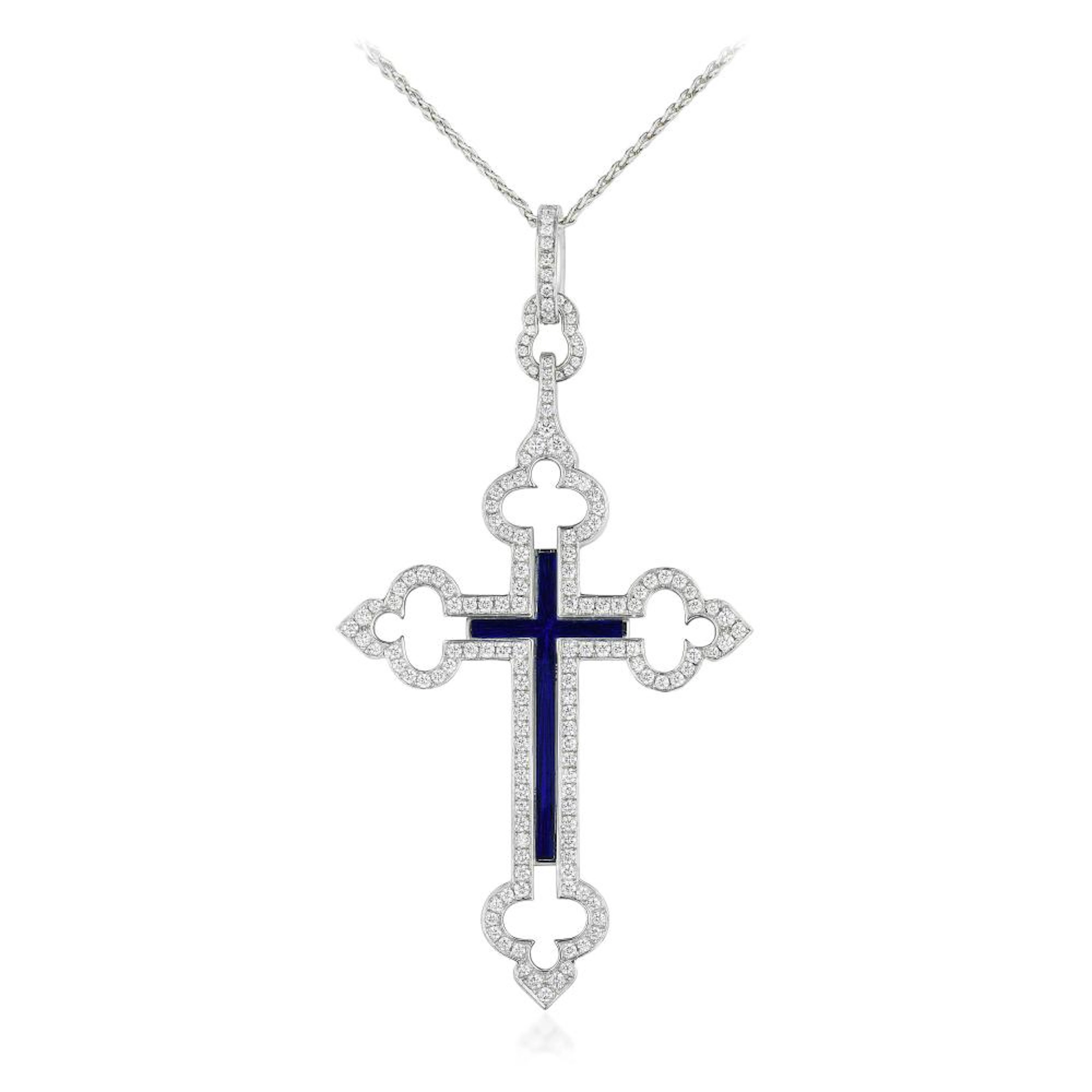 Faberge Enamel and Diamond Cross Pendant Necklace
