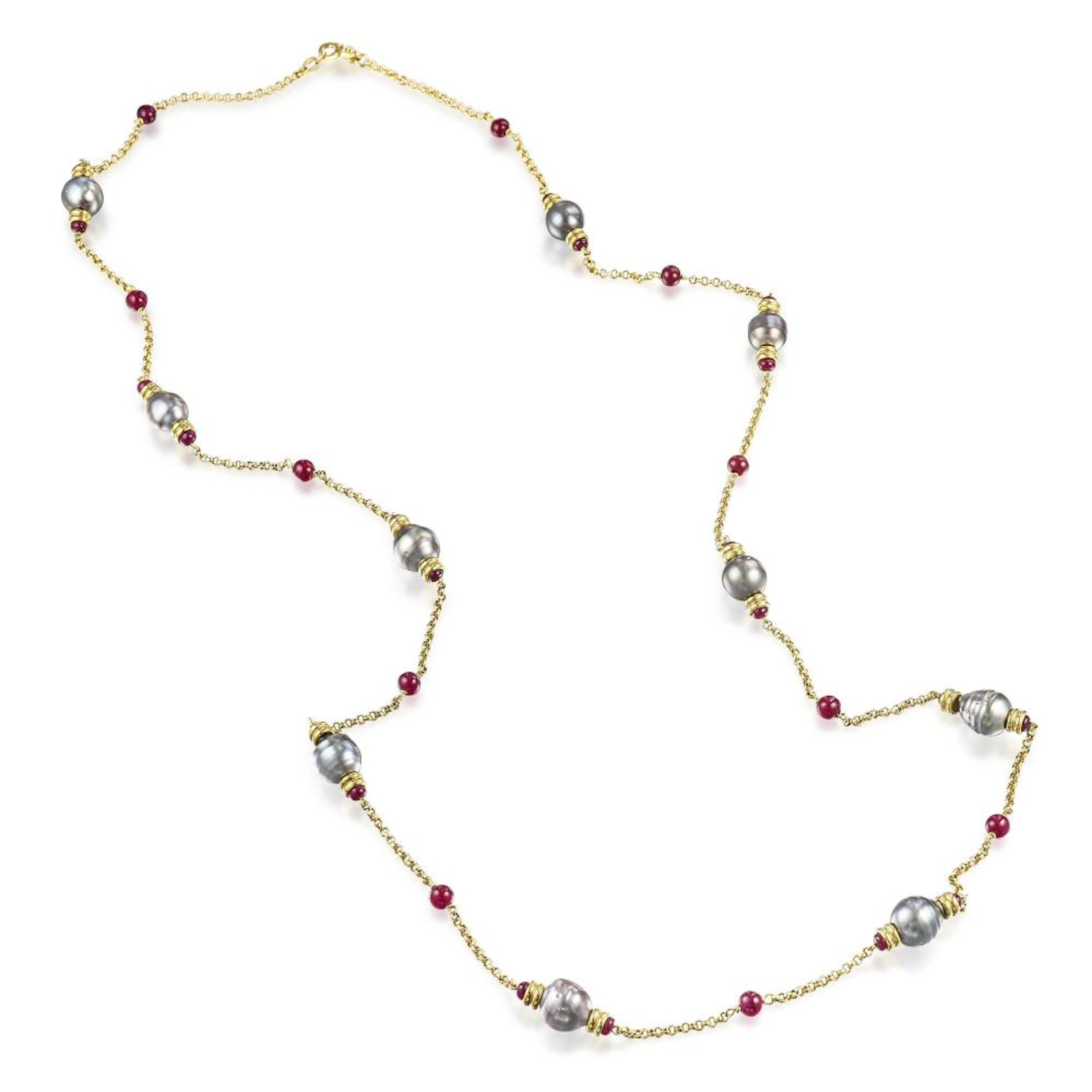 Cultured Pearl and Ruby Station Long Chain Necklace, Italia