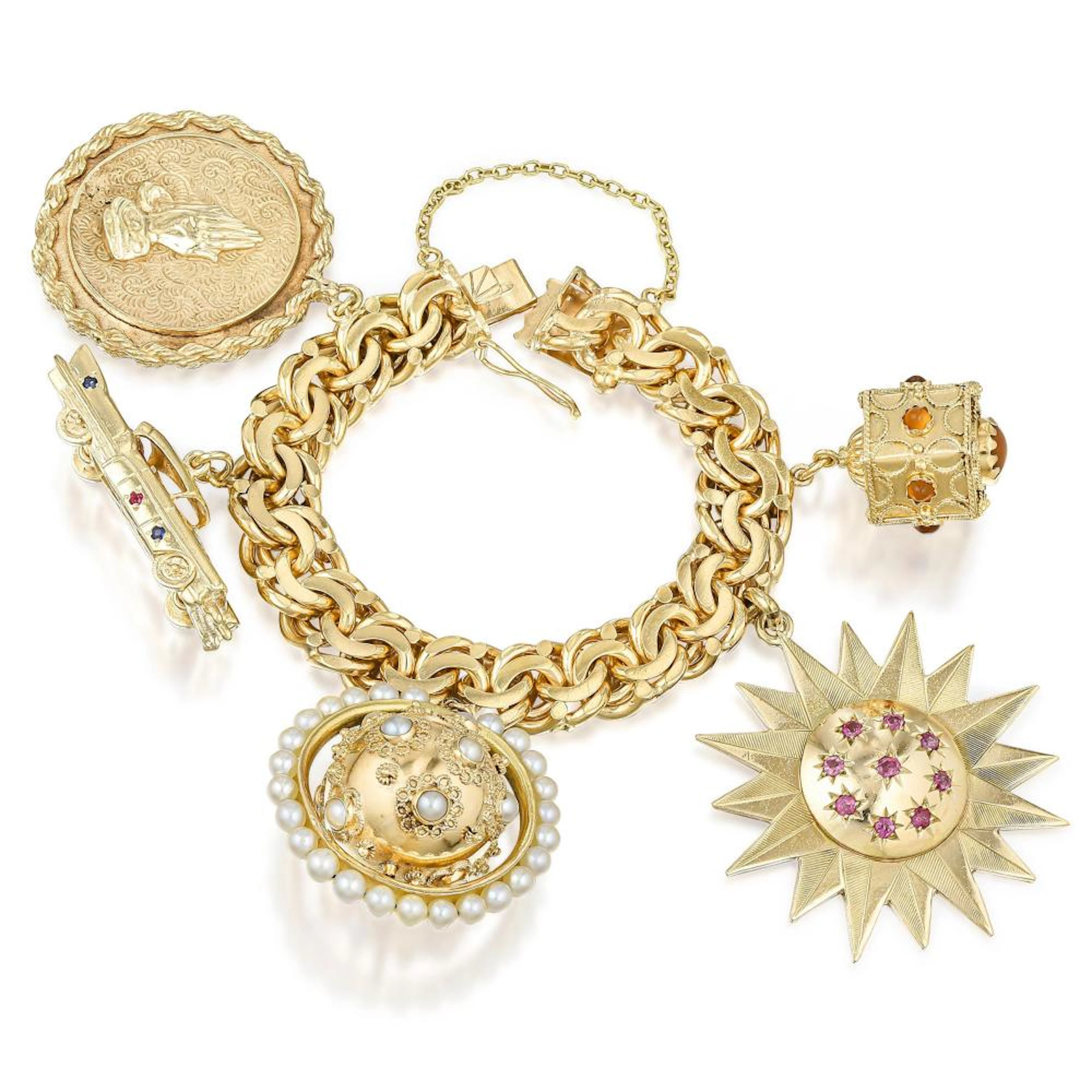 Multi-Gemstone Five Large Gold Charms Bracelet