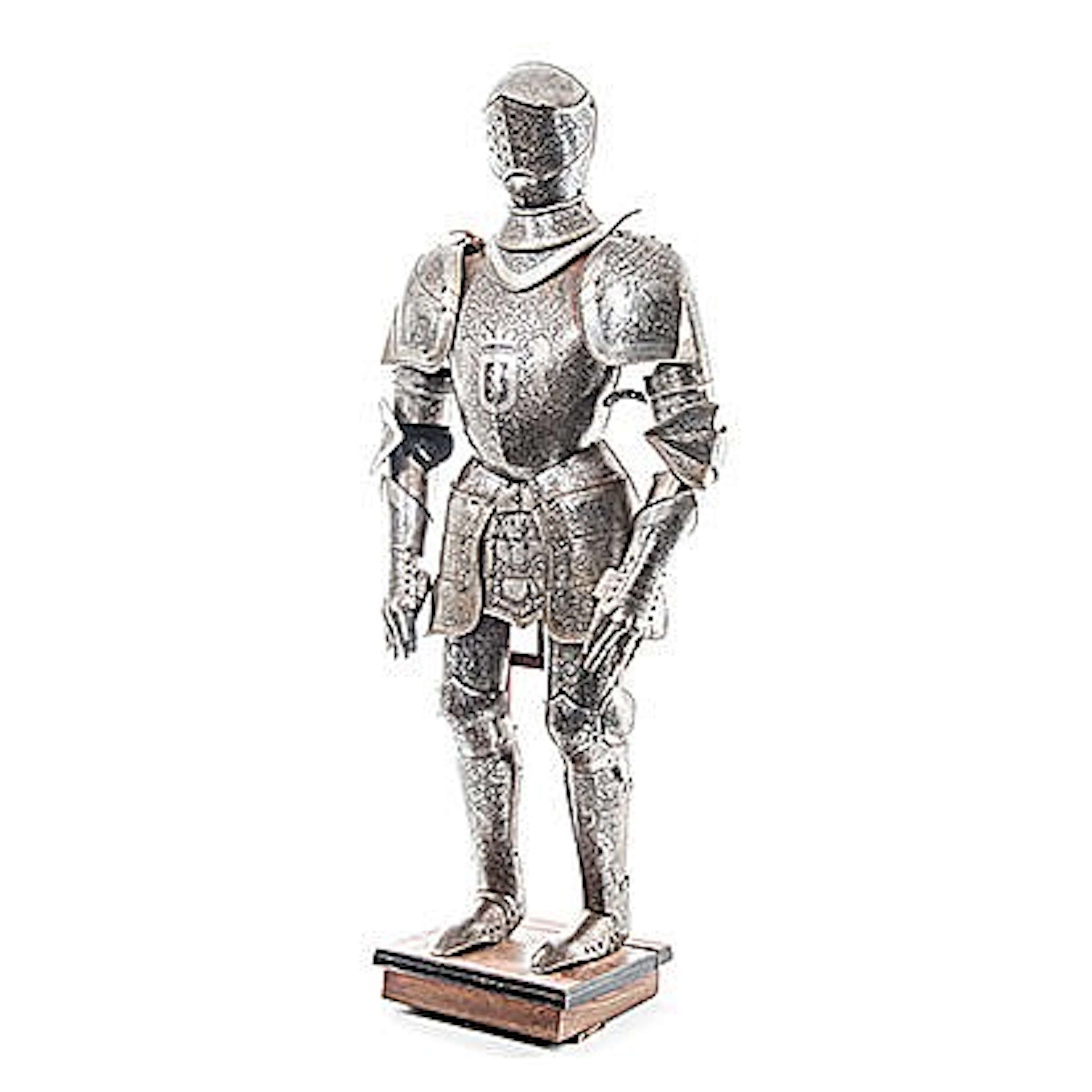 A SUIT OF ARMOUR comprising: a closed helmet, breast and back plate, faulds