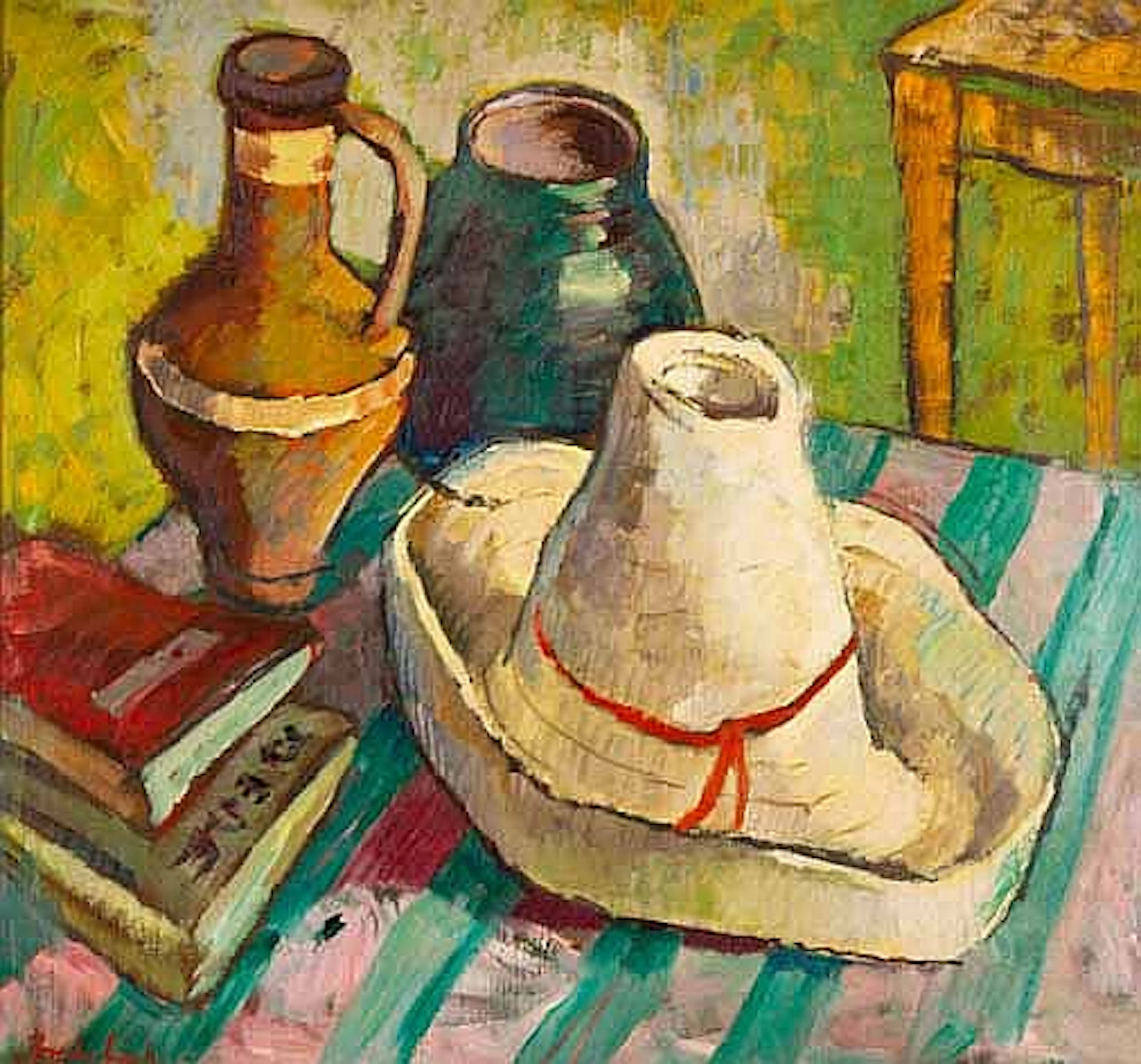Freida Lock (South African 1902-1962) STILL LIFE WITH WHITE HAT signed oil