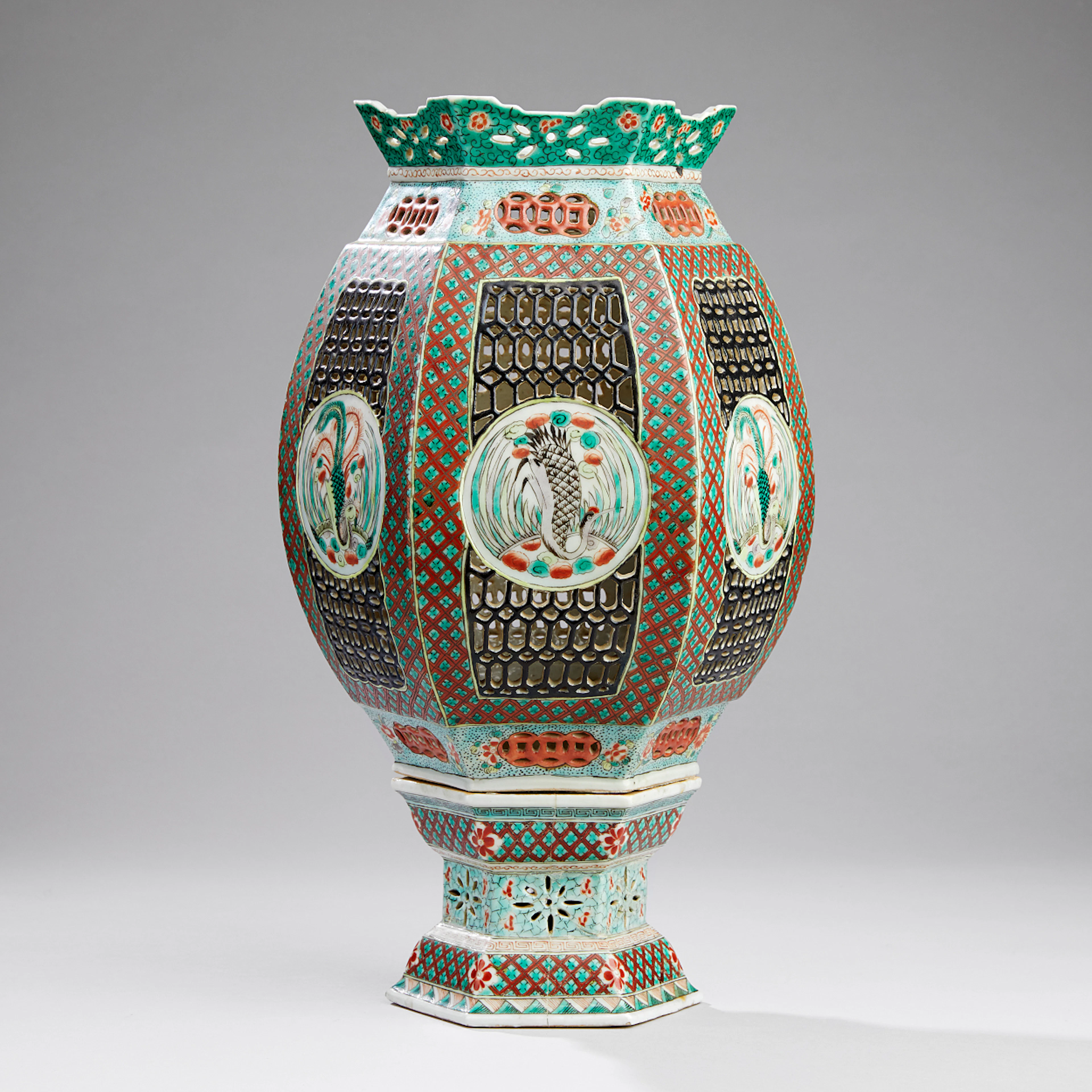 A Reticulated Famille Verte Lantern Lamp and Stand