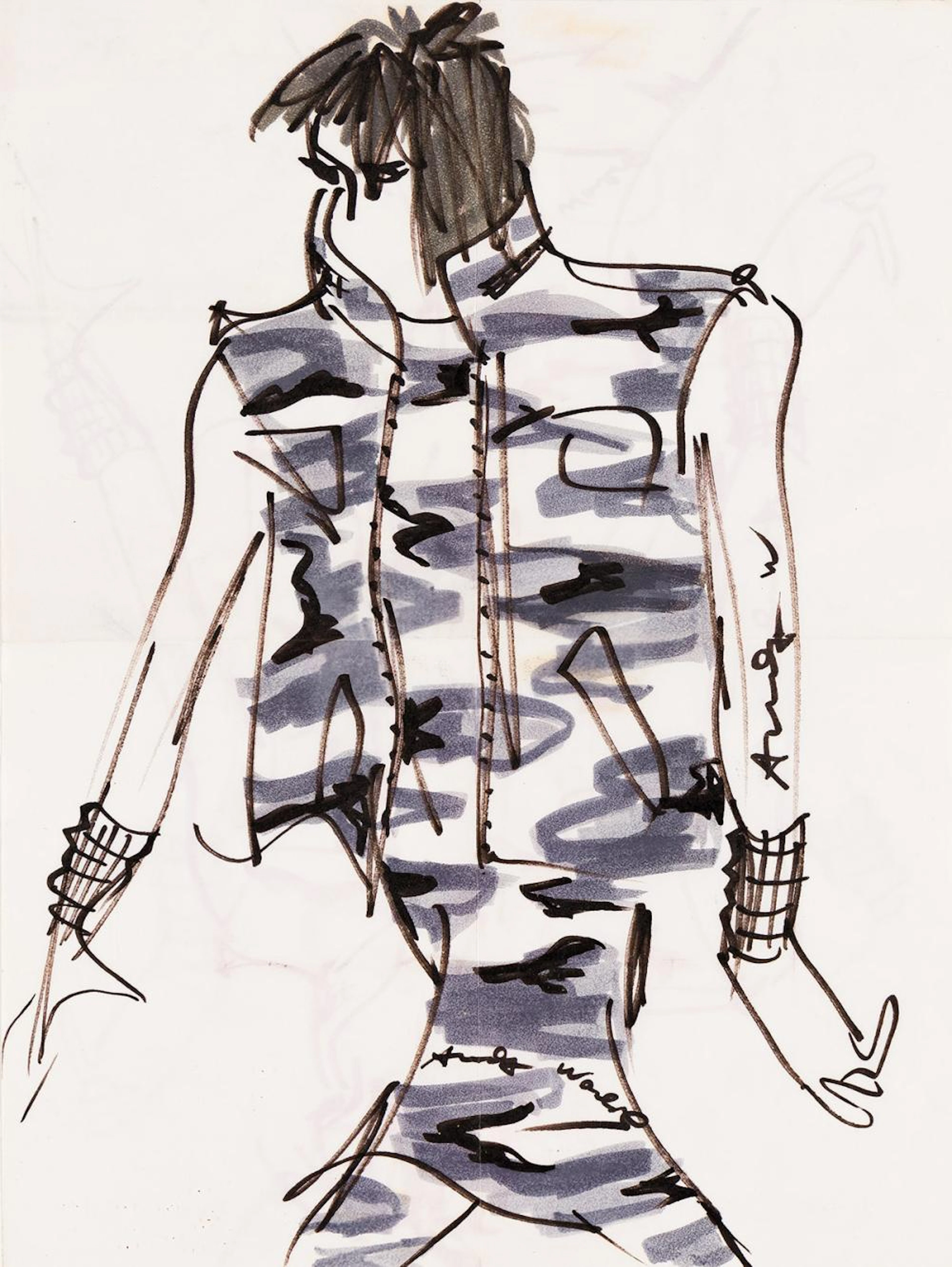 STEPHEN SPROUSE AND ANDY WARHOL Fashion design sketch in camouflage.
