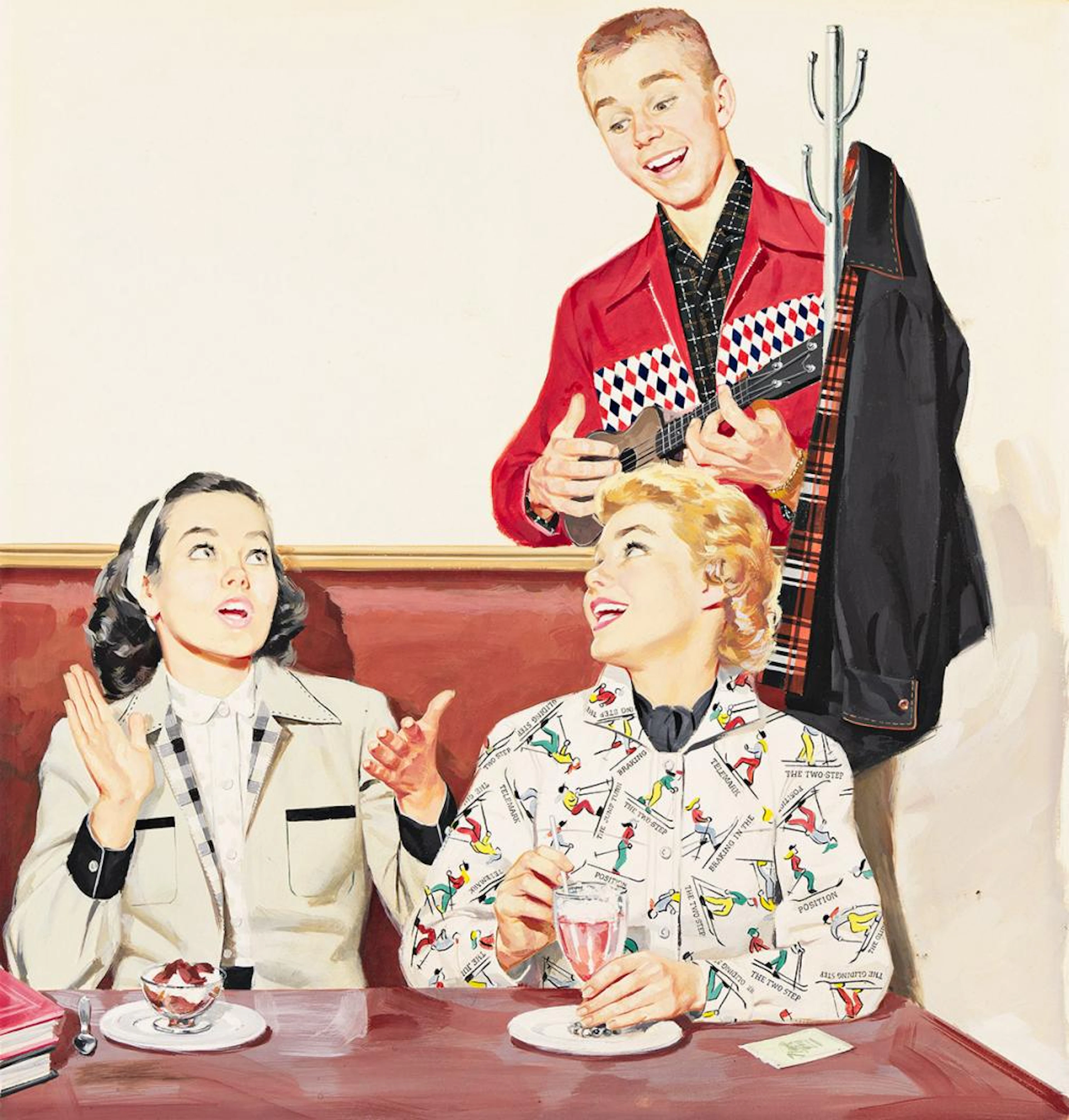 UNKNOWN ARTIST Young man serenading young women at ice cream parlor.
