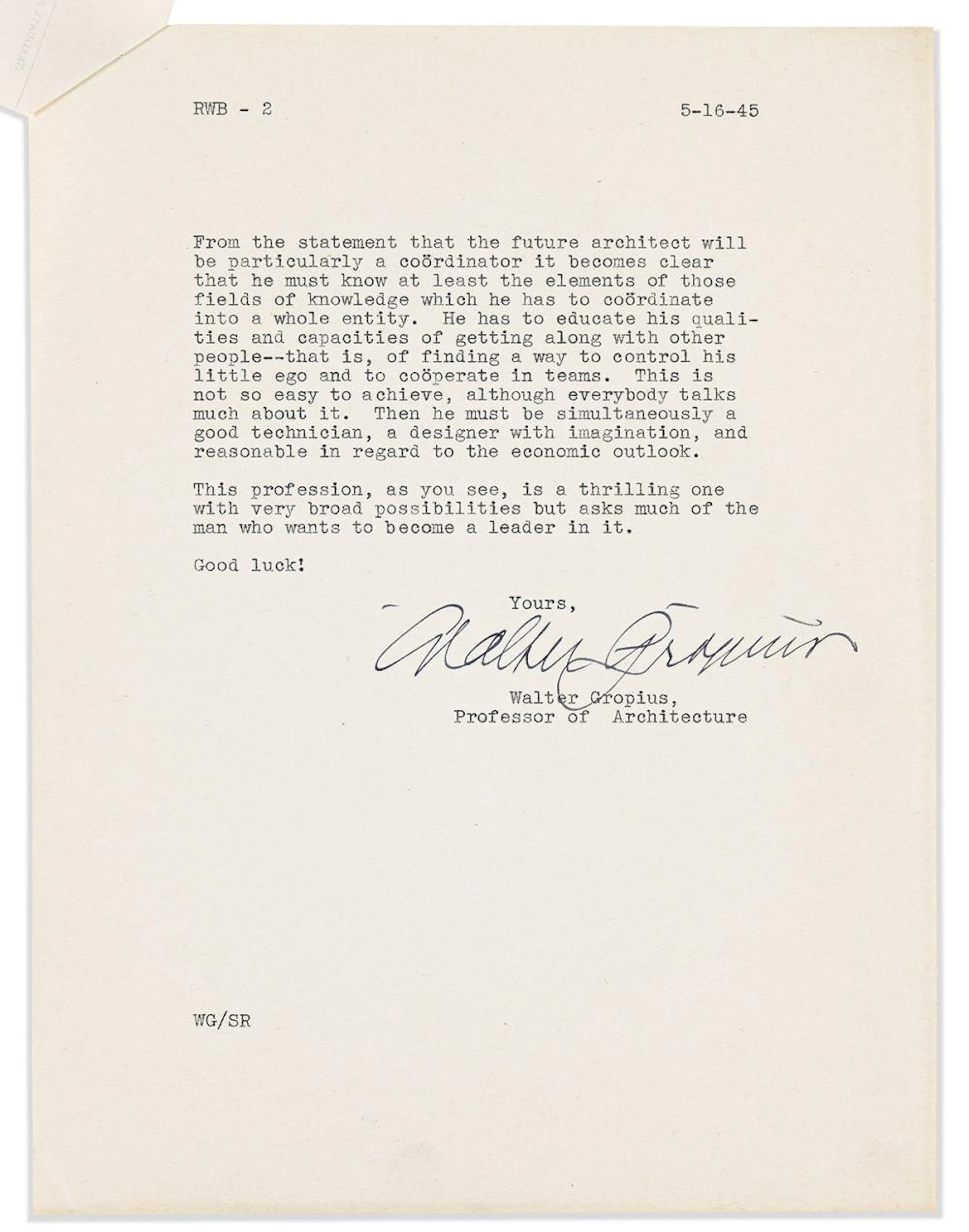 GROPIUS, WALTER. Typed Letter Signed, to Robert W. Beatty,