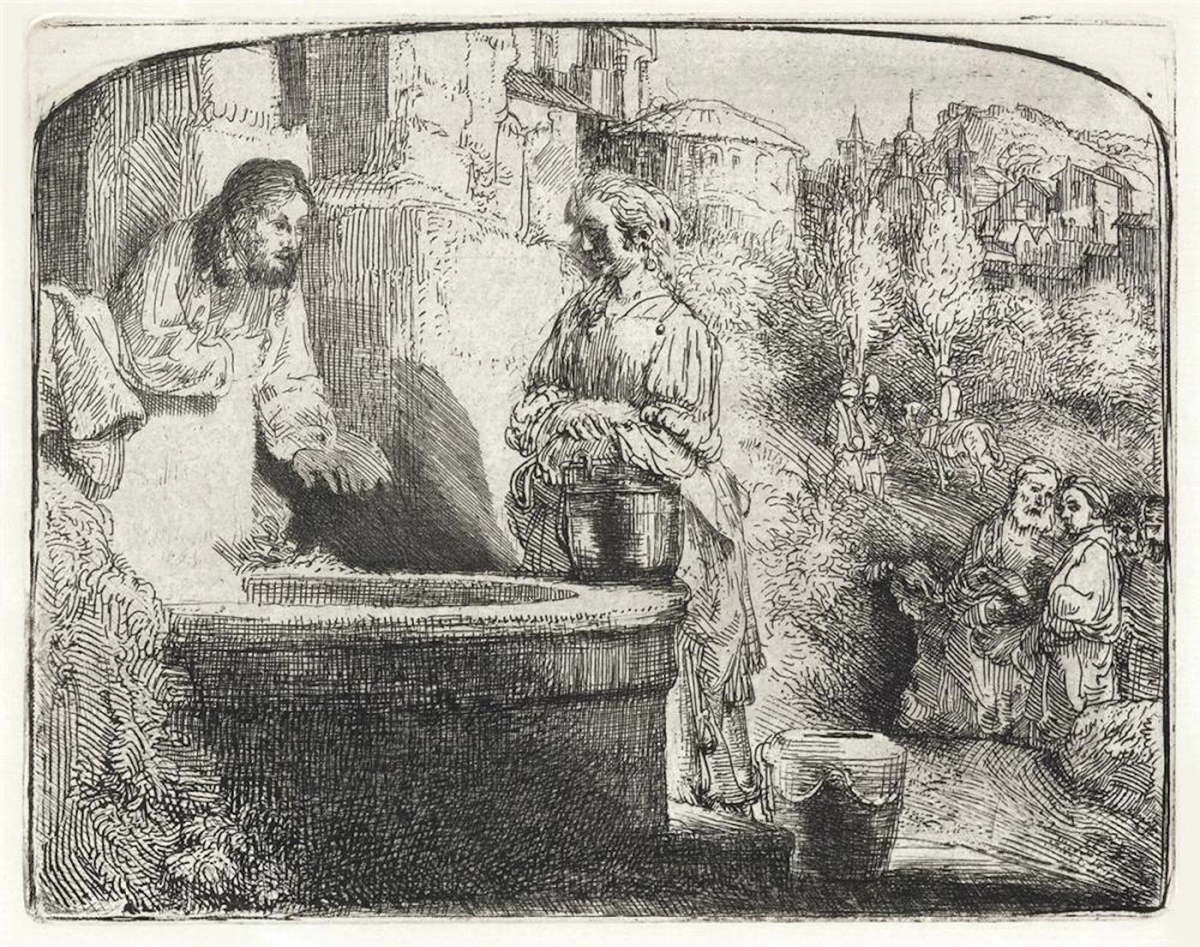 REMBRANDT VAN RIJN Christ and the Woman of Samaria: An Arched Print.