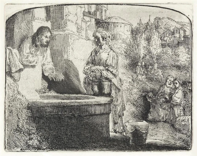 REMBRANDT VAN RIJN Christ and the Woman of Samaria: An Arched Print.
