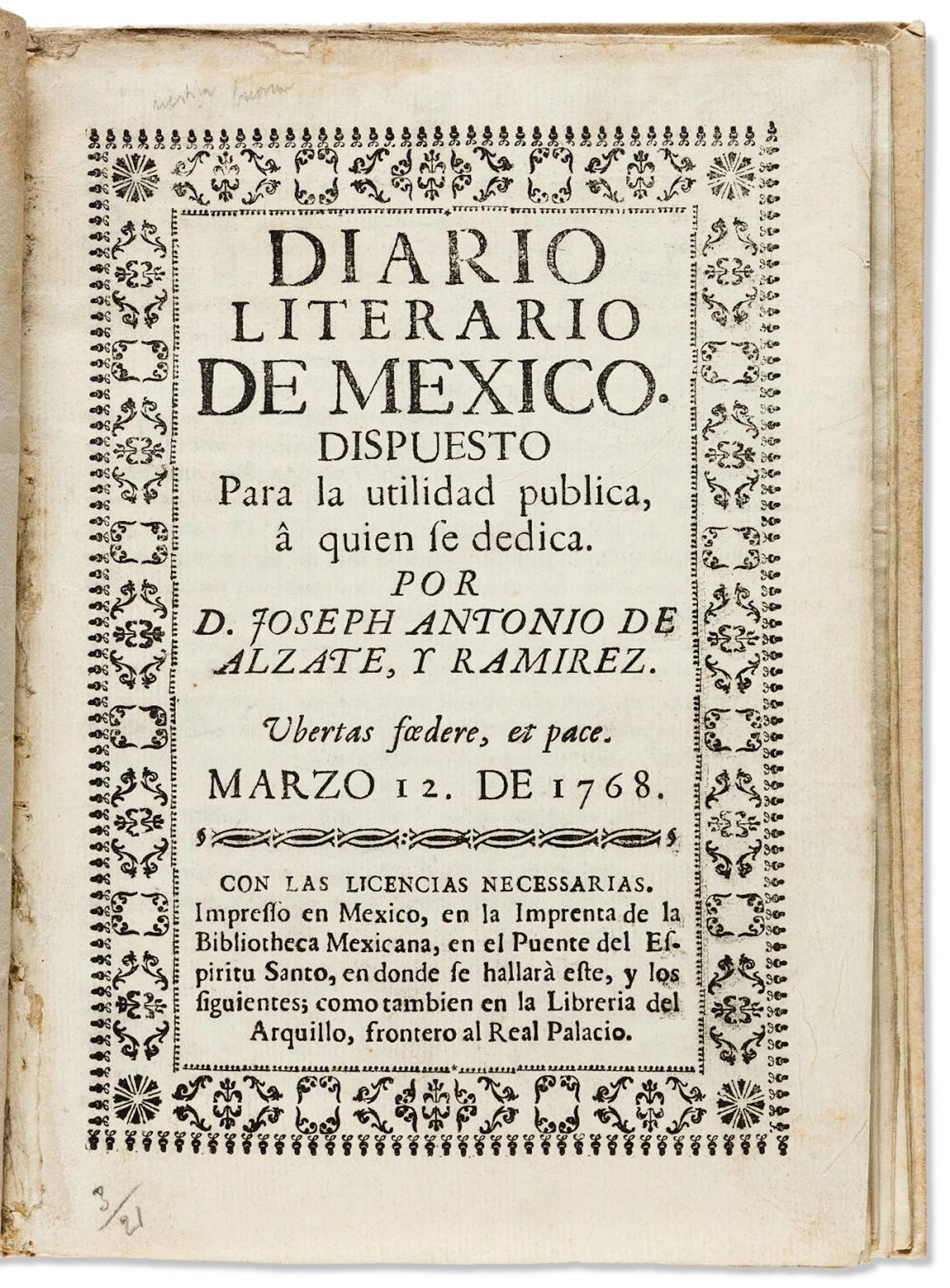 (MEXICAN IMPRINT--1768.) José Antonio Alzate y Ramírez; editor